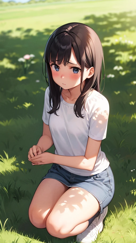 Girl、squat、Blushing、Grassland、In the shade、Ishigaki、Hold your crotch with one hand、Look at the ground