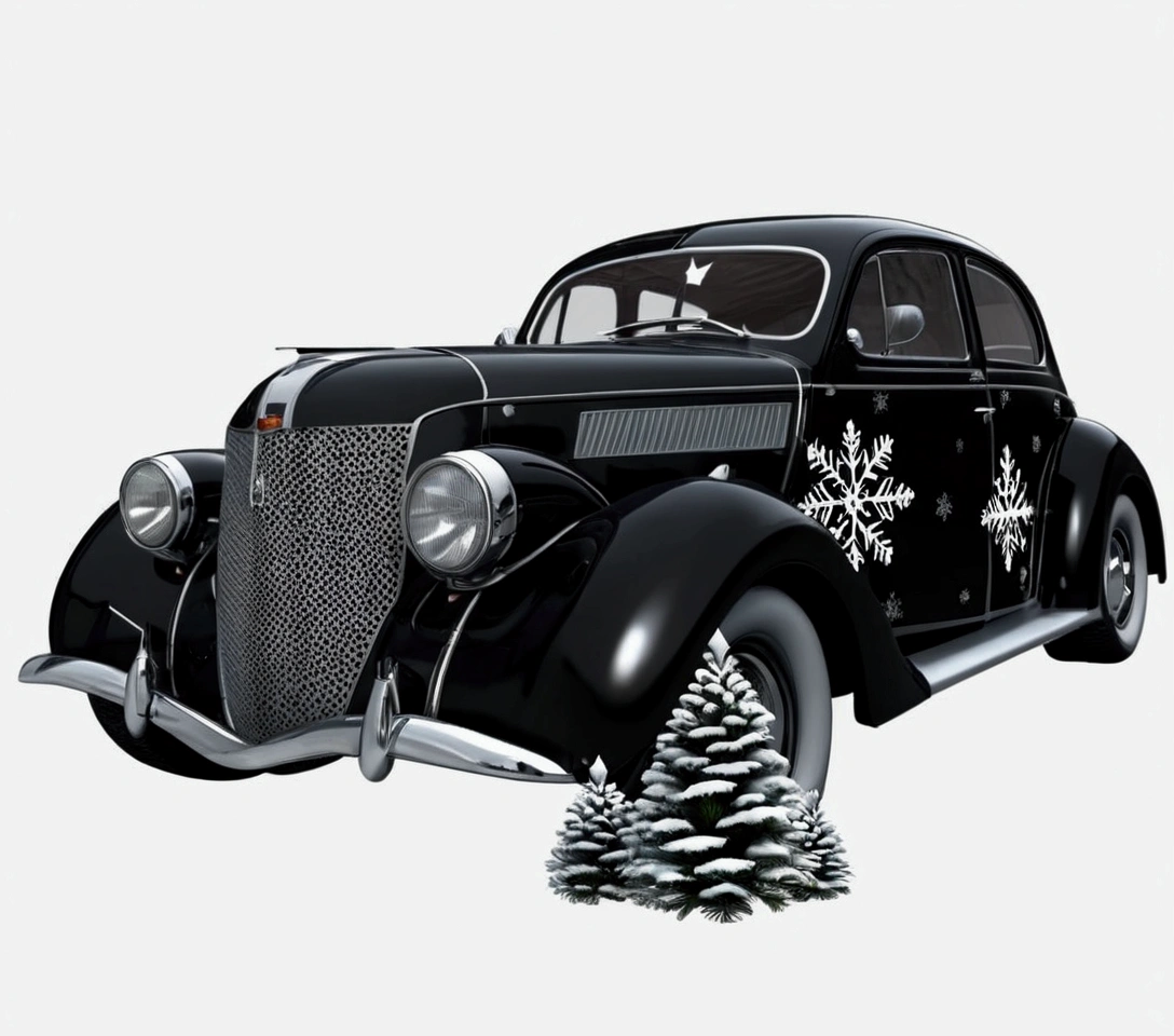 A black and white checkerboard-patterned car, a Christmas tree tied to the roof, snowflakes in the background, (best quality,4k,8k,highres,masterpiece:1.2),ultra-detailed,(realistic,photorealistic,photo-realistic:1.37),studio lighting,extremely detailed car, highly detailed Christmas tree, intricate snowflakes, striking black and white color scheme, cinematic lighting, winter landscape, (dramatic,cinematic:1.2)
