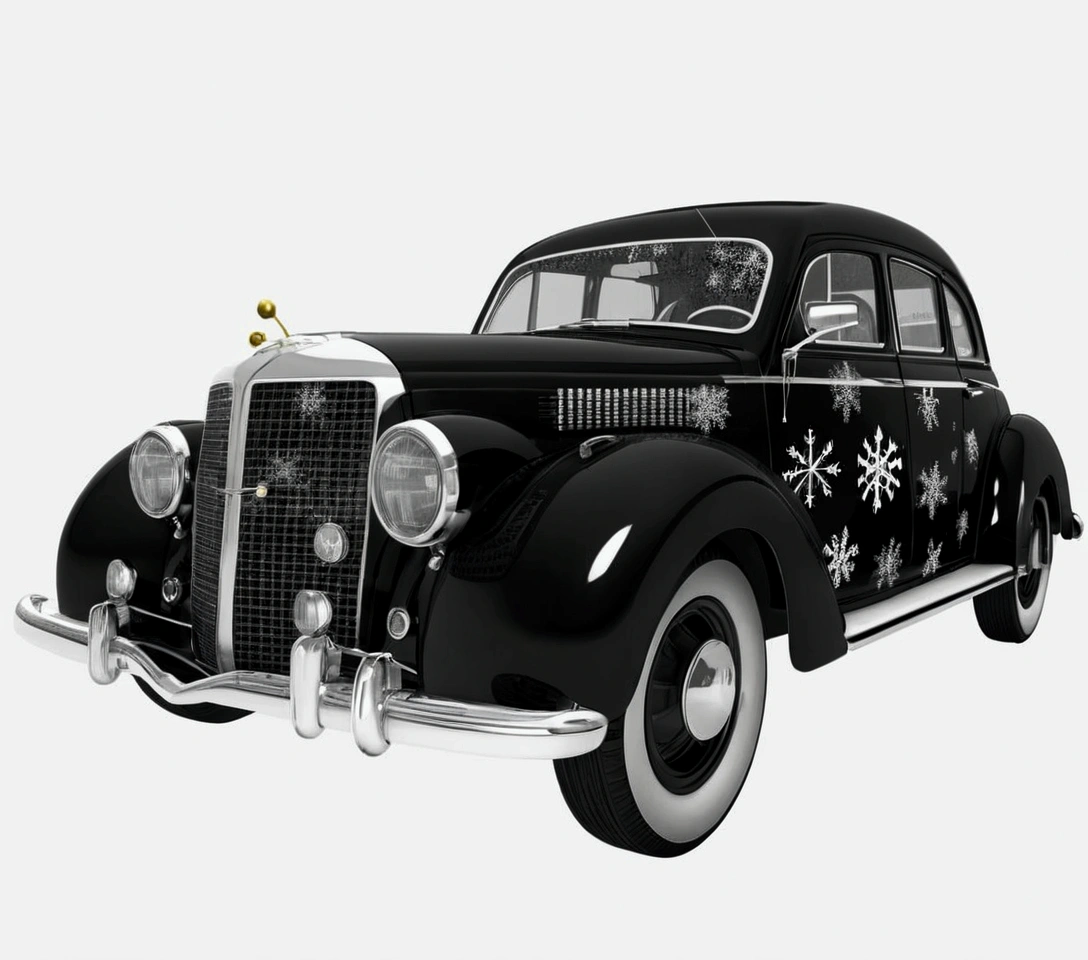 A black and white checkerboard-patterned car, a Christmas tree tied to the roof, snowflakes in the background, (best quality,4k,8k,highres,masterpiece:1.2),ultra-detailed,(realistic,photorealistic,photo-realistic:1.37),studio lighting,extremely detailed car, highly detailed Christmas tree, intricate snowflakes, striking black and white color scheme, cinematic lighting, winter landscape, (dramatic,cinematic:1.2)