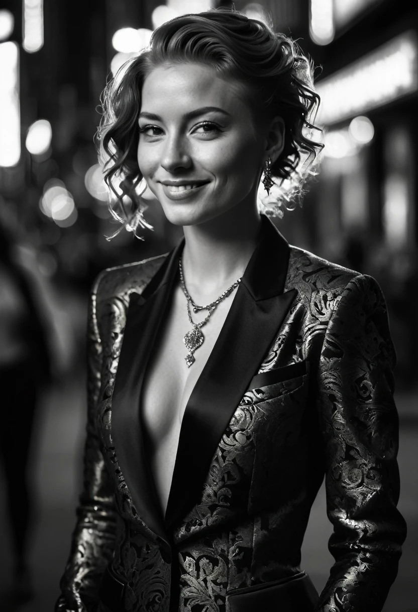 Ultra detailed, intricate detail, cinematic photo. intense backlight. Chiaroscuro. Beautiful face, intricate. Night in new york. Black and white, b&w, golden hour.
Award winning monochromatic photograph in extreme low angle full body portrait of shy smile, playful, strong Beautiful punk rock woman in very ornate tight black suit, Cleavage,. Posing smiling. Undercut, shaved redhead.
Caravaggio style. Vermeer, Goya, Caravaggio. Cleavage.