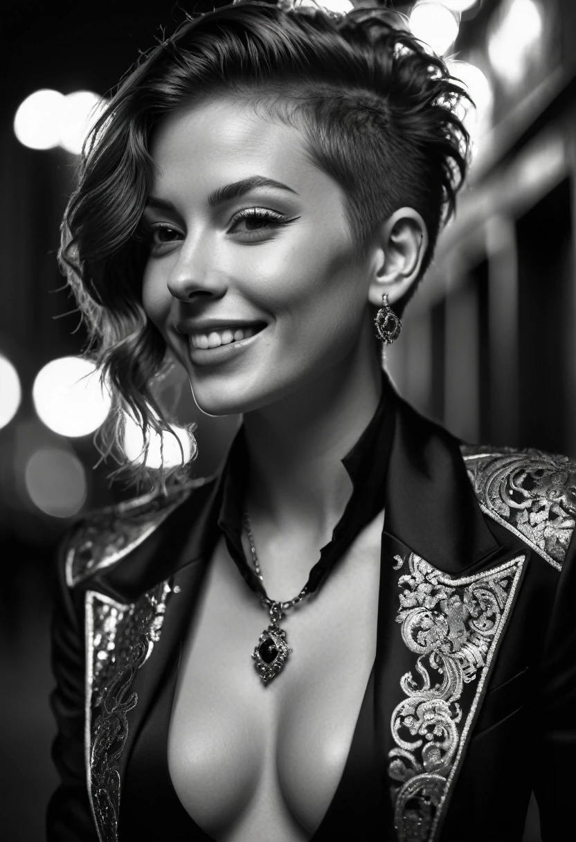 Ultra detailed, intricate detail, cinematic photo. intense backlight. Chiaroscuro. Beautiful face, intricate. Night in new york. Black and white, b&w, golden hour.
Award winning monochromatic photograph in extreme low angle full body portrait of shy smile, playful, strong Beautiful punk rock woman in very ornate tight black suit, Cleavage,. Posing smiling. Undercut, shaved redhead.
Caravaggio style. Vermeer, Goya, Caravaggio. Cleavage.