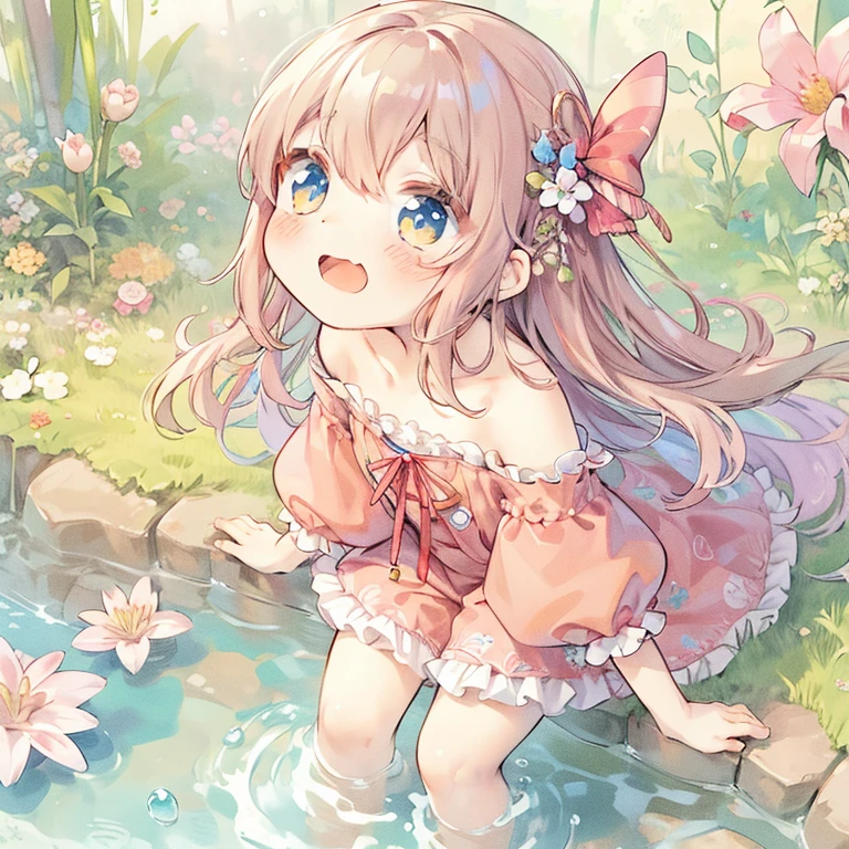 Anime boy in a dress standing in a stream of water, Splash art anime , , Cute Anime boy, Cute Anime, A cute boyのアニメビジュアル, Soft anime illustration, Cute and detailed digital art, At the pond, Cute art style, Pixiv, Beautiful anime boys,  Overalls,  Boy, A cute boy