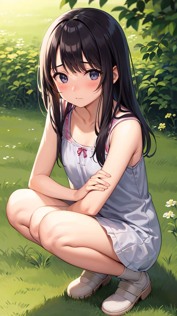 Girl、squat、Blushing、Grassland、In the shade、Ishigaki、Hold your crotch with one hand、Look at the ground