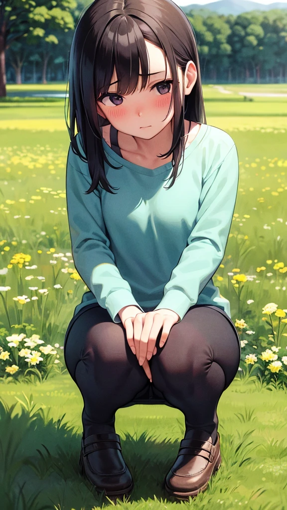 Girl、squat、Blushing、Grassland、In the shade、Ishigaki、Hold your crotch with one hand、Look at the ground