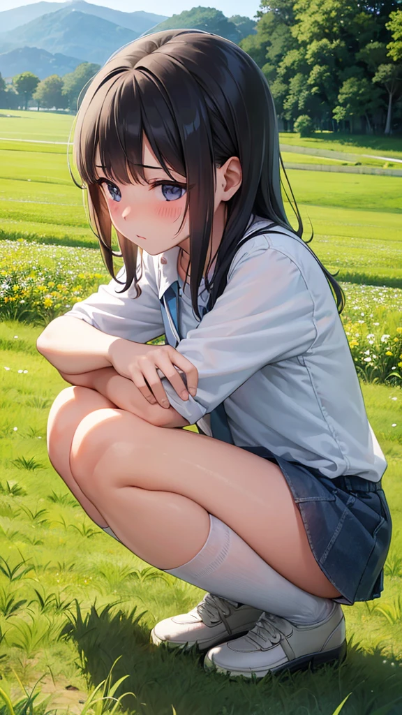 Girl、squat、Blushing、Grassland、In the shade、Ishigaki、Hold your crotch with one hand、Look at the ground