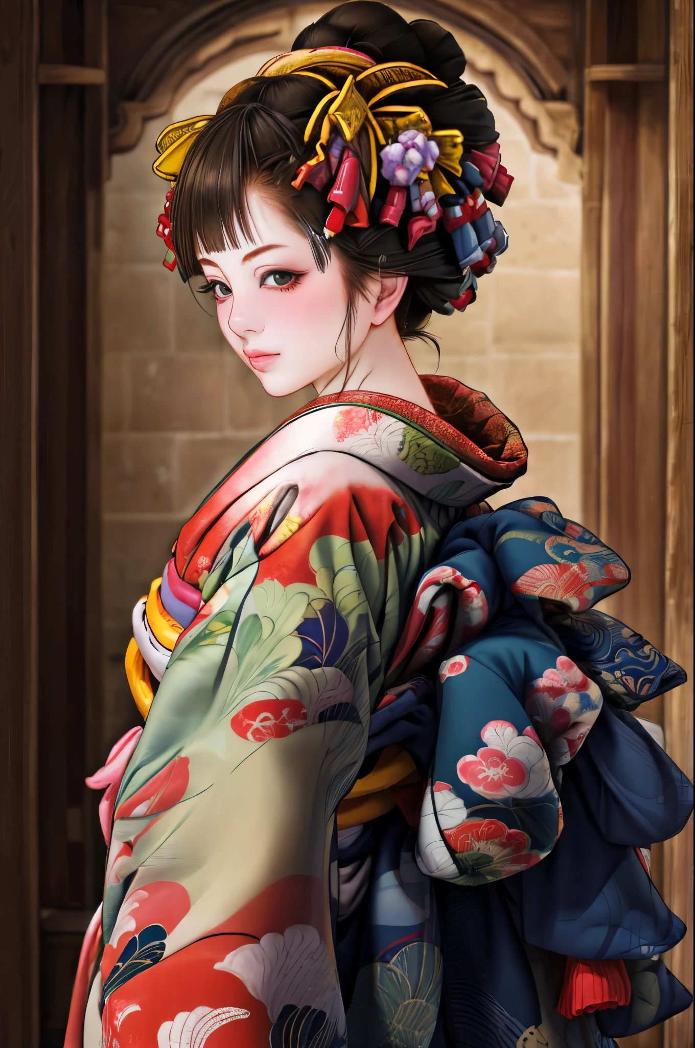 1 Girl, alone, Oiran, Maiko, country, Looking at the audience, short hair, Brown eyes, Brown Hair, Black Hair, hair ornaments, Upper Body, kimono, Blunt bangs, kimono, sash, Compensate, Bob cut hair,