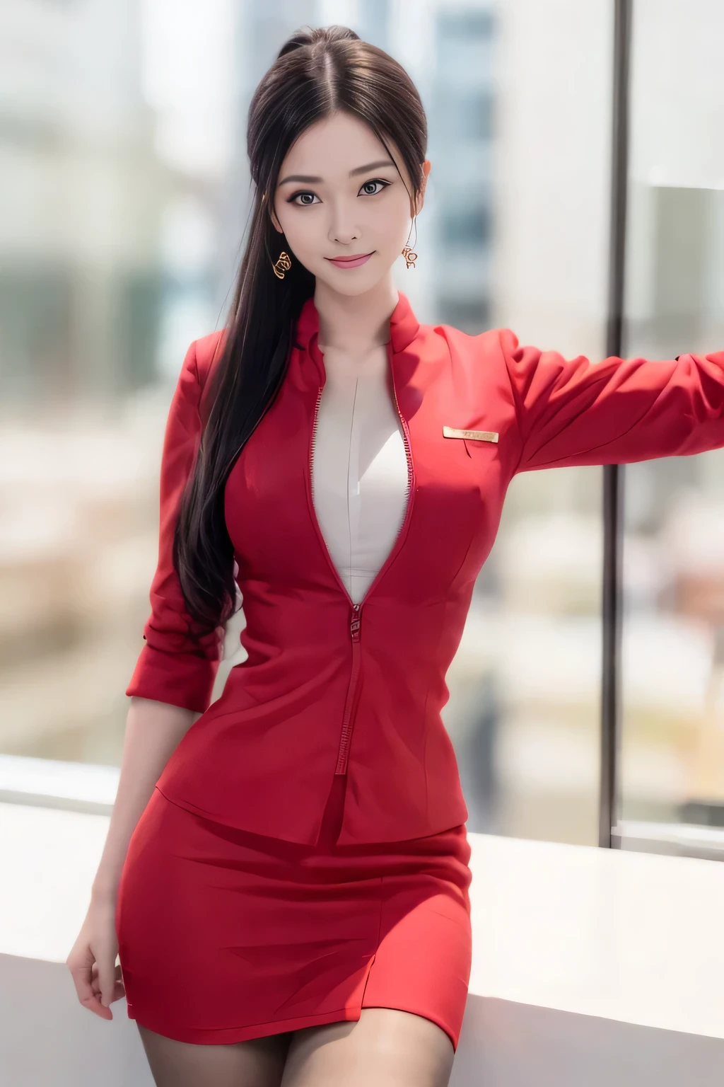 (masterpiece:1.2, Highest quality:1.2), 32k HDR, High resolution, (alone, 1 Girl), （AirAsia stewardess uniform realistic style）, A proper woman, Beautiful Face, Brown Hair, (Long hair down to the legs), (Red jacket:1.1, Unzipped jacket, Unbuttoned white shirt:1.05, Red mini skirt:1.1, pantyhose),（Showing big  through cleavage in unbuttoned white shirt）、（long hair that reaches down to the legs）、Perfect slim body:1.1, Huge breasts, huge breasts cleavage, Detailed skin texture, Beautiful Eyes, (Attractive look:1.2), necklace、Earrings、(forward leaning posture:1.5）, On the roof of a building, Rooftop at daytime,Blue eyes、Hands should be lowered