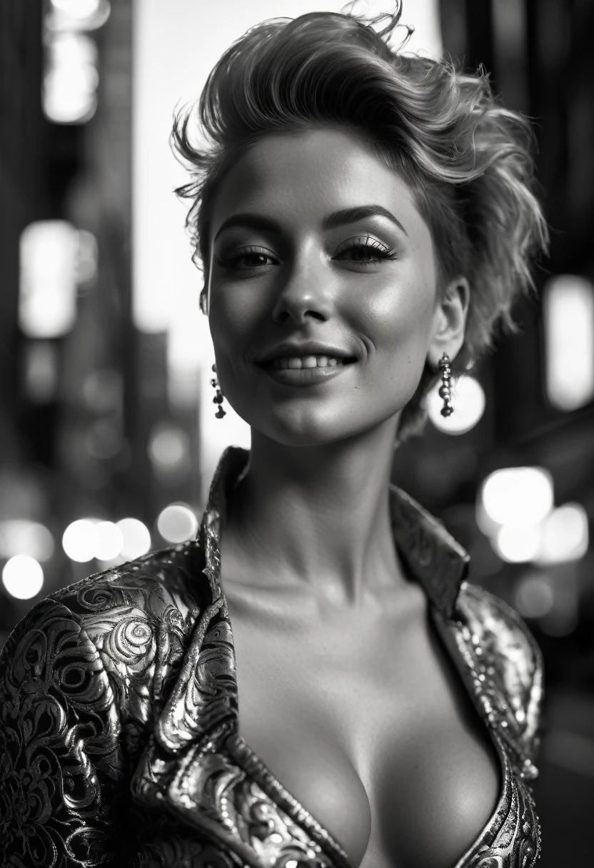 Ultra detailed, intricate detail, cinematic photo. intense backlight. Chiaroscuro. Beautiful face, intricate. Night in new york. Black and white, b&w, golden hour.
Award winning monochromatic photograph in extreme low angle full body portrait of shy smile, playful, strong Beautiful punk rock woman in very ornate tight silver suit, Cleavage,. Posing smiling. Undercut, shaved redhead.
Caravaggio style. Vermeer, Goya, Caravaggio. Cleavage.