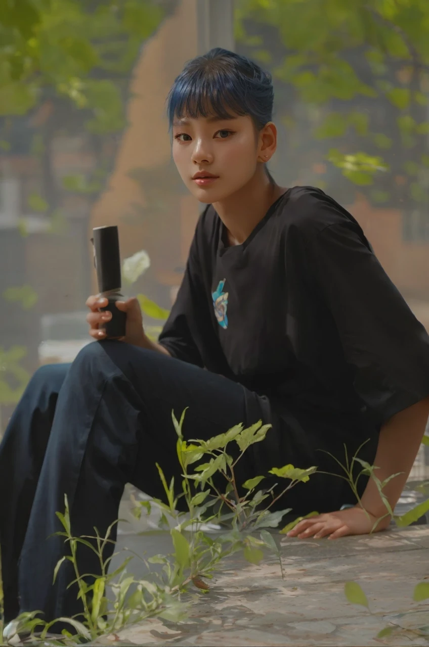 photo of leegahyeon korean woman in cafe sitting at table holding coffee window sunlight, blue hair, dynamic pose, skin texture, pale skin, shiny skin, (slim, petite:1.2), [:(sharp focus on face, detailed face, perfect eyes, looking at viewer:1.2):0.2], photorealistic, film grain, best quality, masterpiece 