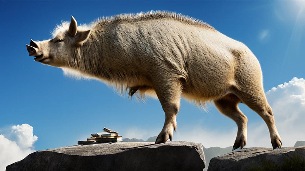 （A white boar stands on a rocky cliff）、（Boar with tusks）、（（Behind the big fangs are small fangs２Books are lined up））、（（Getting older、Lived for over 100 years、Standing bravely、The abdomen is thin and the bones are protruding））、 realistic photography、 realistic 、The Last Airbender&#39;s Appa, Dramatic cinematic detailed fur, Ice Age, Anime movie shooting, From the movie Fang, ancient art, Tamandua, unicorn From the movie Fang, Arctic, ancient mongolian elon musk, voluminous fur、（（Not a long nose））