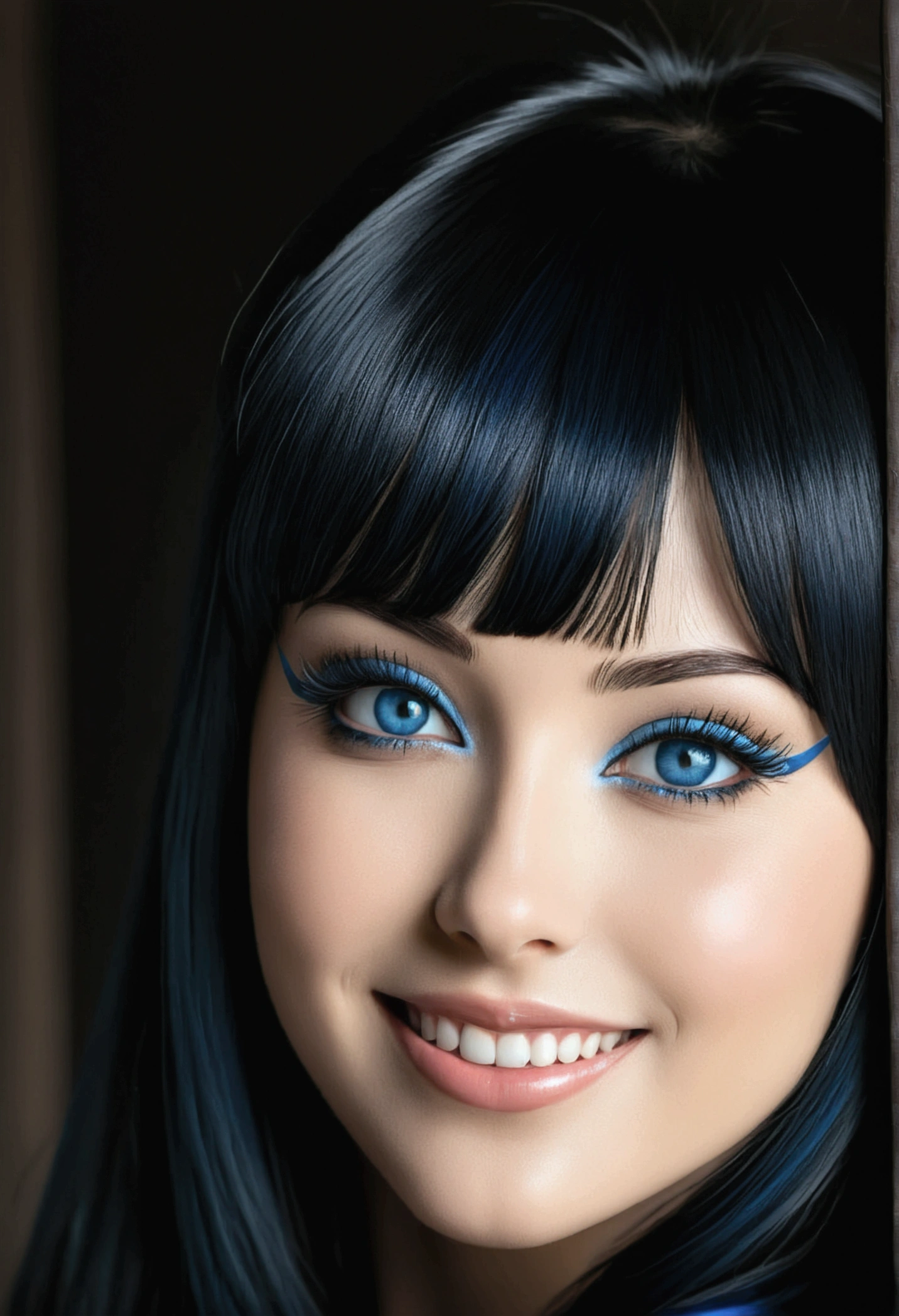 1girl, bellissima, black hair, blunt bangs, blue eyes, eyeliner, sexy smile