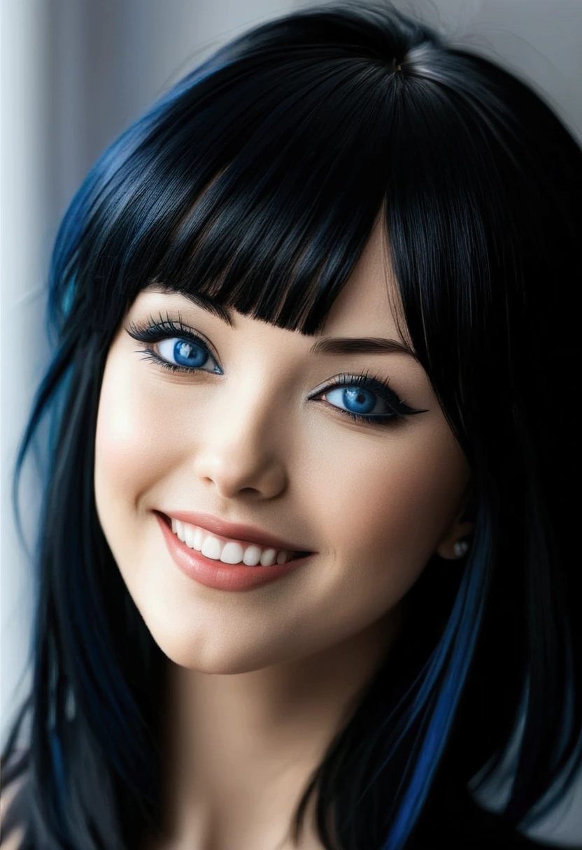 1girl, bellissima, black hair, blunt bangs, blue eyes, eyeliner, sexy smile