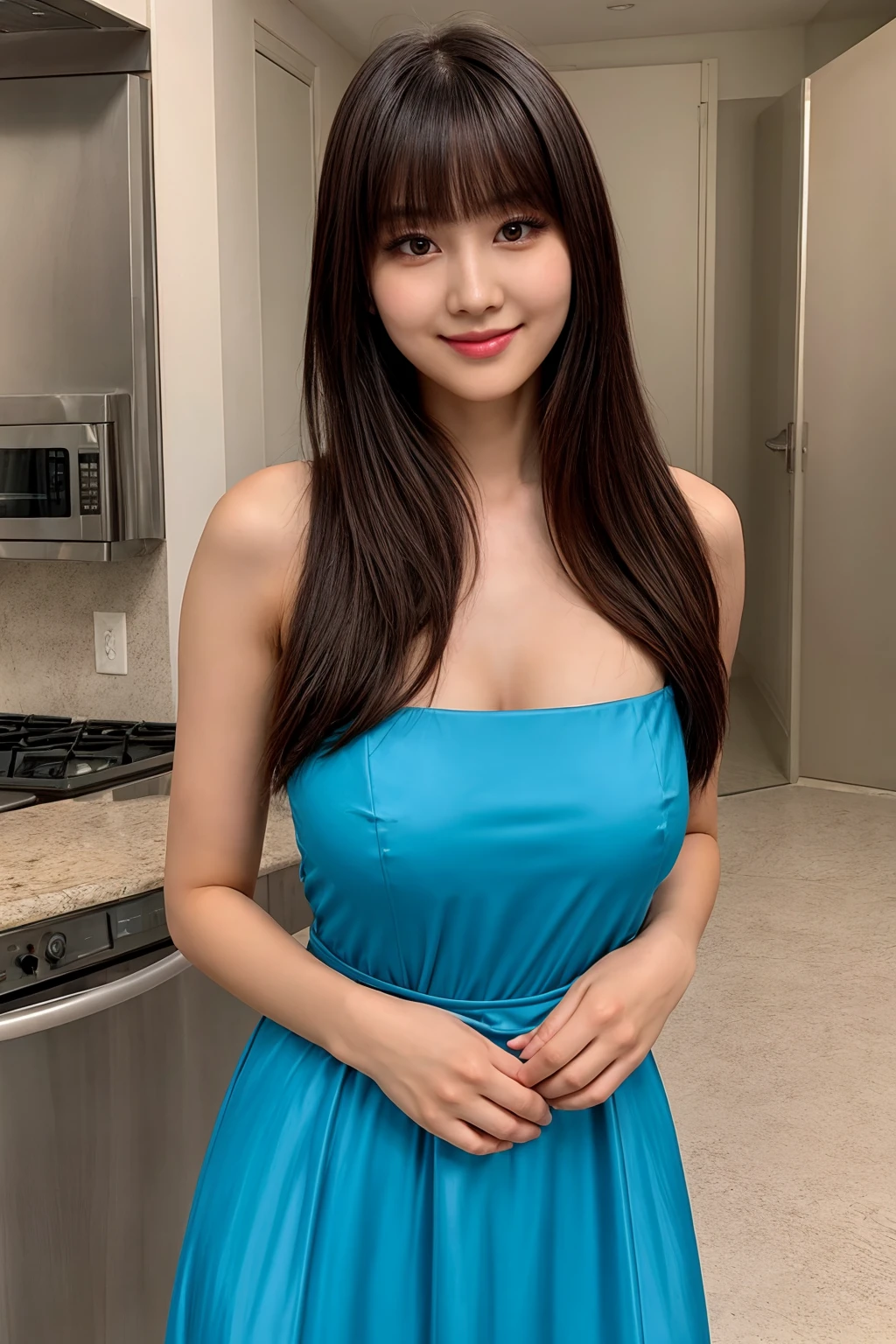 Young woman, korean, Korean idol, idol make up, brunette, bangs, pale skin, very long straight hair, idol face, unbelievably beautiful face, big lips, ((large breasts)), ((thin waist)), ((very wide hips)), ((modest sleeveless dress)), full body, kitchen setting, sweet smile, natural lighting, detailed lighting