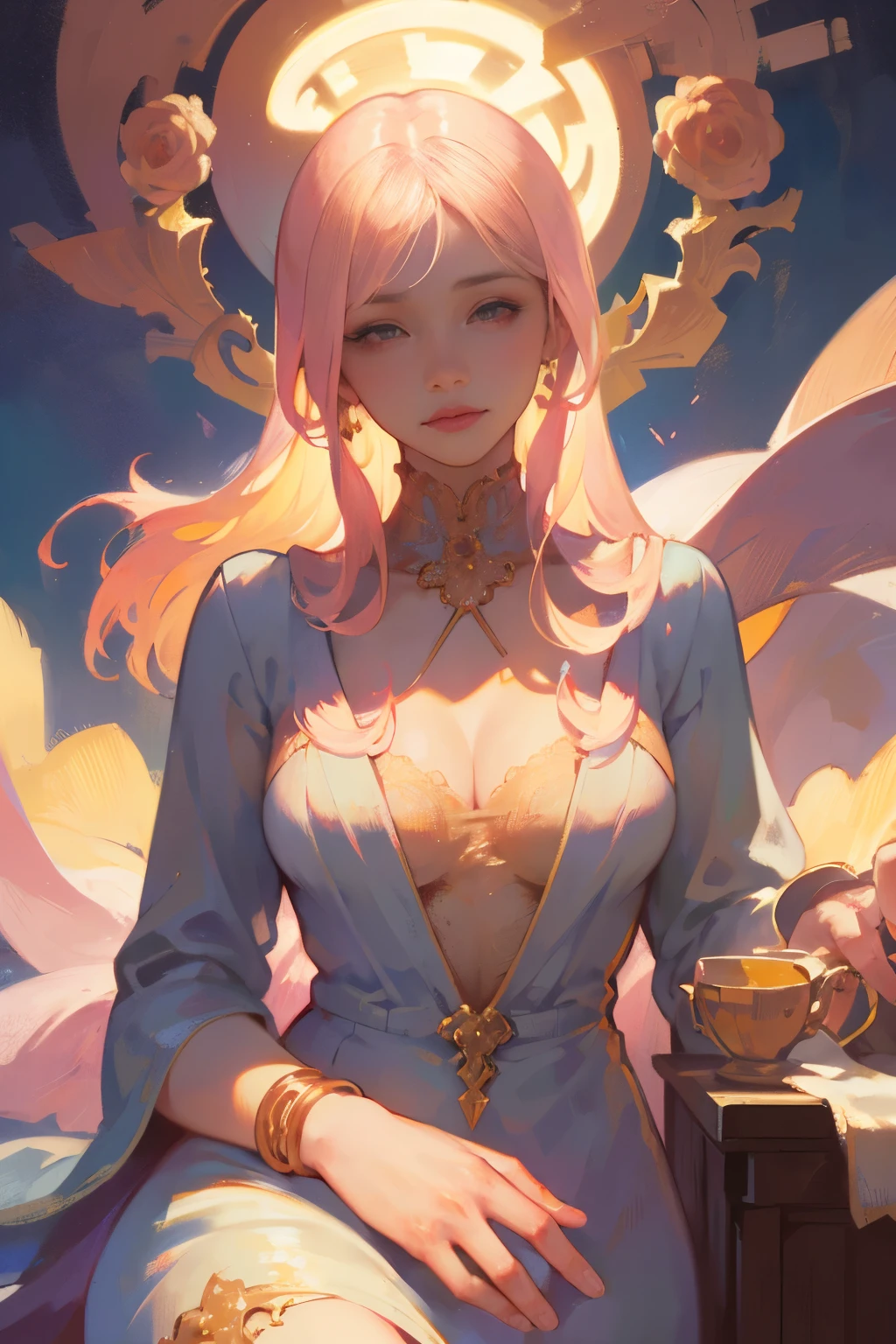 50-year-old woman, middle-aged European, (((MILF))), beautiful alluring noblewoman, (adult face), ((mature woman's face)), full lips, (oval-shaped face), (celestial nose), warm fair skin, small purple eyes, violet doe eyes, very light rose gold hair, pink blonde, pastel pink rose gold hair, very long wavy hair, tareme, long eyelashes, white Rococo fashion-inspired dress with brocade elements, radiant, glowing, luminous, enchanting, elegant, holy, dreamy, romanticism, innocence, serene, compassionate, fine art painting by Yanjun Cheng, Krenz Cushart key art feminine, a character portrait by Oliver Sin and Charlie Bowater, background by James Jean and Alphonse Mucha, ((Alphonse Mucha)), ((intricate detailed)), ((Semi-realistic)), (solo focus), (perfect face:1.1), cleavage, light smile, kind facial expression, ethereal lighting, (high detail:1.1), (((masterpiece))), ((best quality)), fantasy style art, Art Nouveau, full-length portrait, voluptuous body, (glamour shot full body image)
