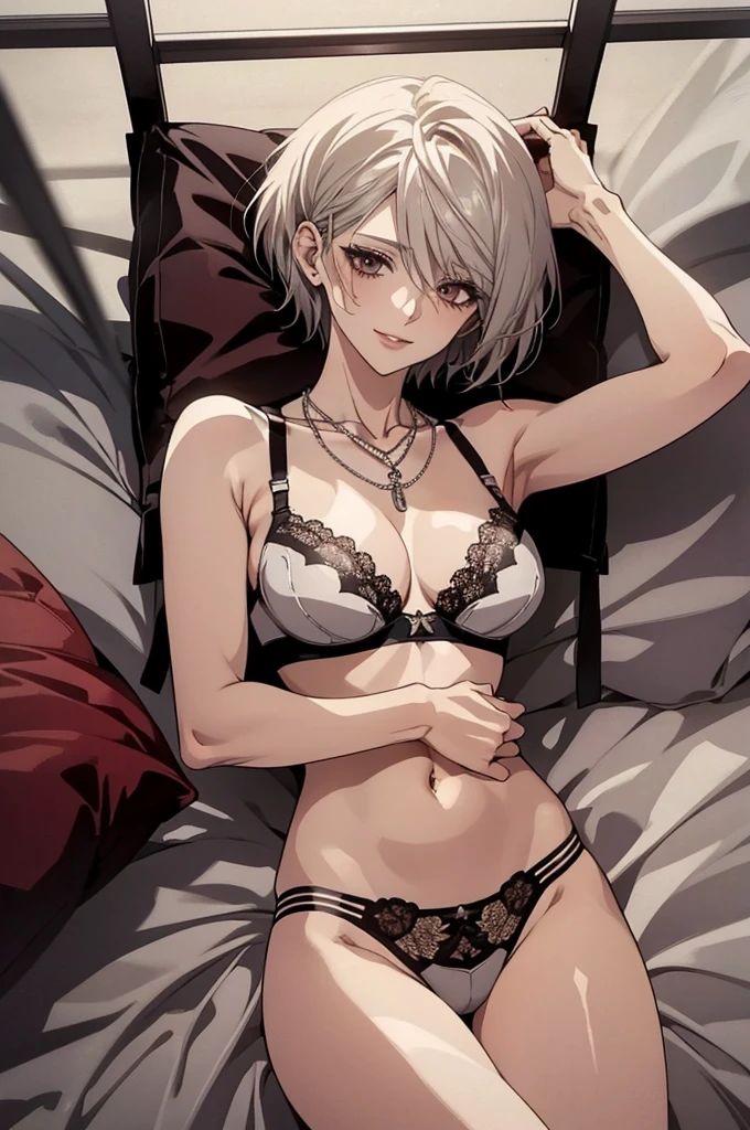(Highest quality, High resolution, Very detailed), Silver Hair, Super short hair, Reddish brown eyes, lace thong bra, NUDE, Large Breasts, lie on own back, overhead shot, necklace, 24th generation, Beautiful woman, mature, quiet, Calm, A small smile, bed,