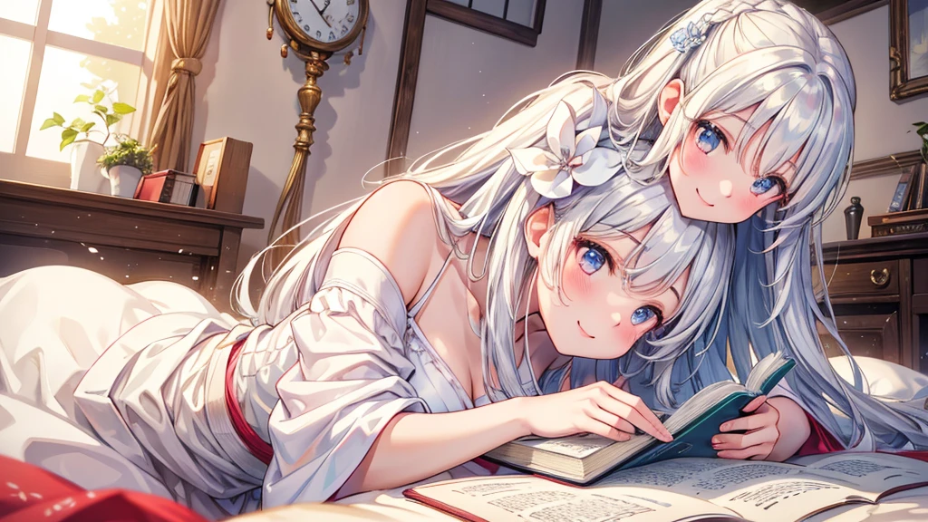 Beautiful woman, White Dress, Disheveled long hair, make out, A light smile, Reading a book、Ultra HD, Realistic, Bright colors, Attention to detail, UHD rendering, Perfect composition, 美しくAttention to detail複合施設、Japanese-style room
