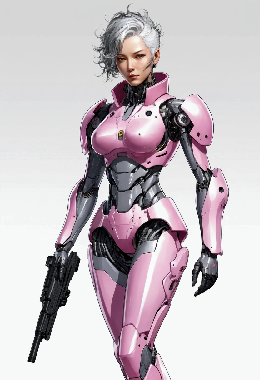 Character design of a woman wearing a pink cybernetic exoskeleton、Gray Hair、Concept Design Sheet、White background、Yoji Shinkawa's style --s 750 --niji 5