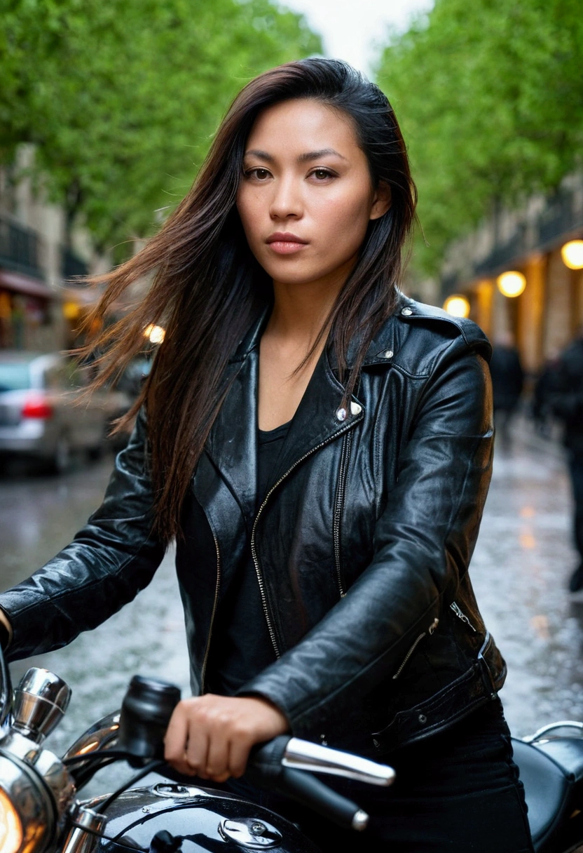 A beautiful and cool woman with a hint of sexiness, with long hair, of mixed Asian and European descent, is a biker in a black leather jacket. She is in Paris, where it’s lightly raining, creating a romantic atmosphere with warm lighting