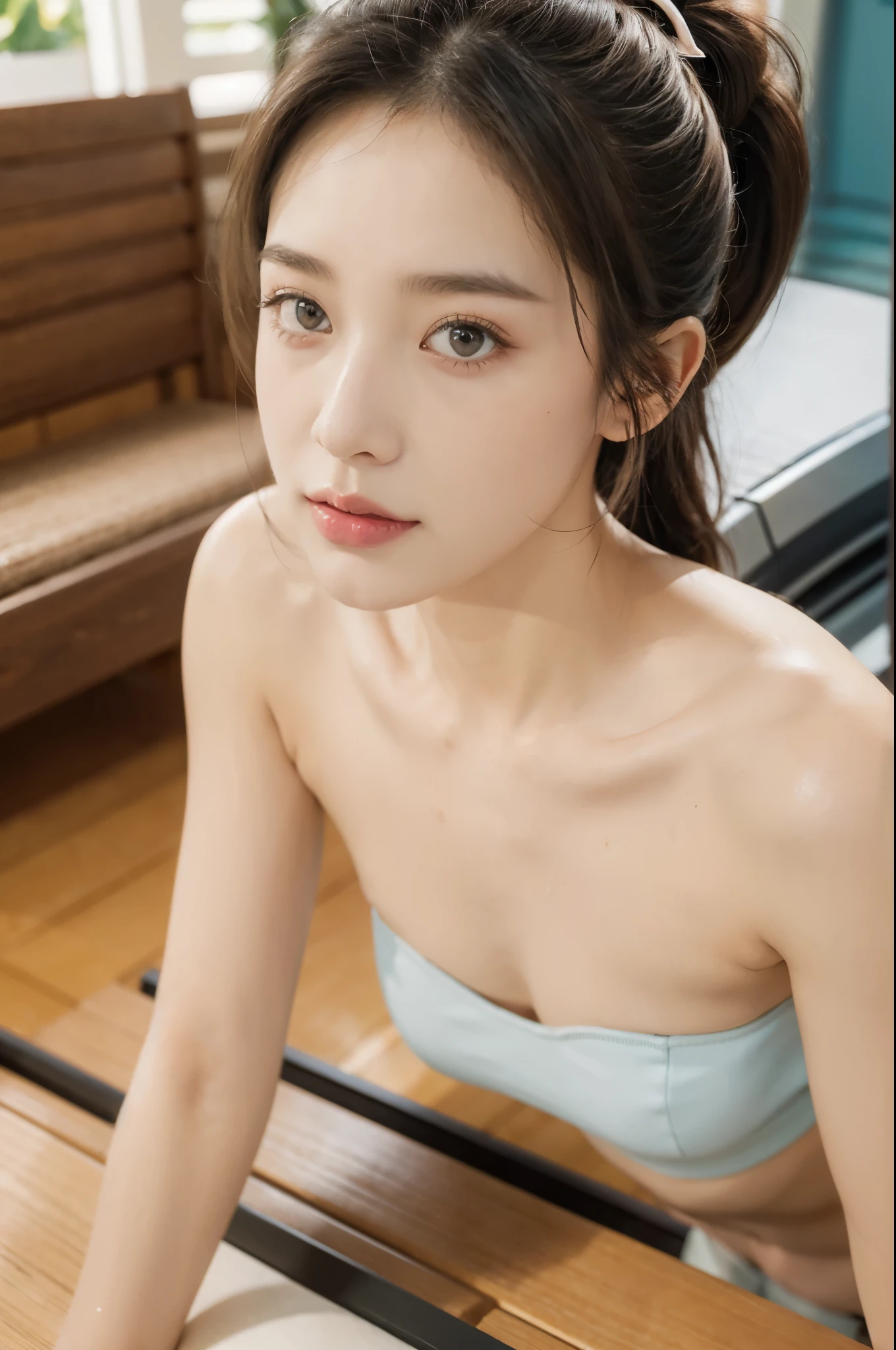 (((best quality))),(((ultra detailed))),(((masterpiece))),illustration,(1 beautiful girl,solo),((slim,thin)),((small breasts,flat chest)),(blush:1.5),summer afternoon,living room,sanctuary of tranquility,fitness,grace,(short ponytail:1.2),effortless elegance,((strapless light blue bra)),youthful radiance,enchanting,inspiring,(sitting on treadmill:1.3),body drenched in perspiration,(sweat:1.5),dedication,inner strength,determination,composed,focused,eyes,lush potted plant,greenery,life,vitality,soft sunlight,warm patches of light,wooden floor,fragrant cookies,cozy ambiance,attire,functional,fashionable,comfort,flexibility,curves,lightweight material,unrestricted movement,grip,treadmill's belt,propel,forward,serene expression,slight smile,lips,focused on horizon,visualizing goals,dreams,radiant beauty, comfortable clothing,determined spirit,captivating,inspiring image,essence of summertime fitness,self-care,((from front,close-up of face))
