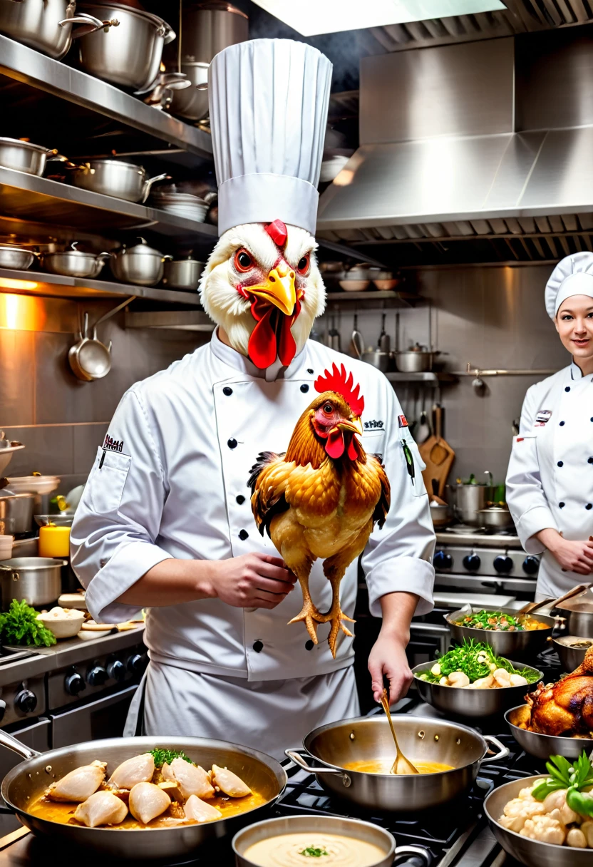 A chef with a chicken's head cooking in a professional kitchen, surrounded by delicious-looking dishes, with the bustling kitchen environment in the background.