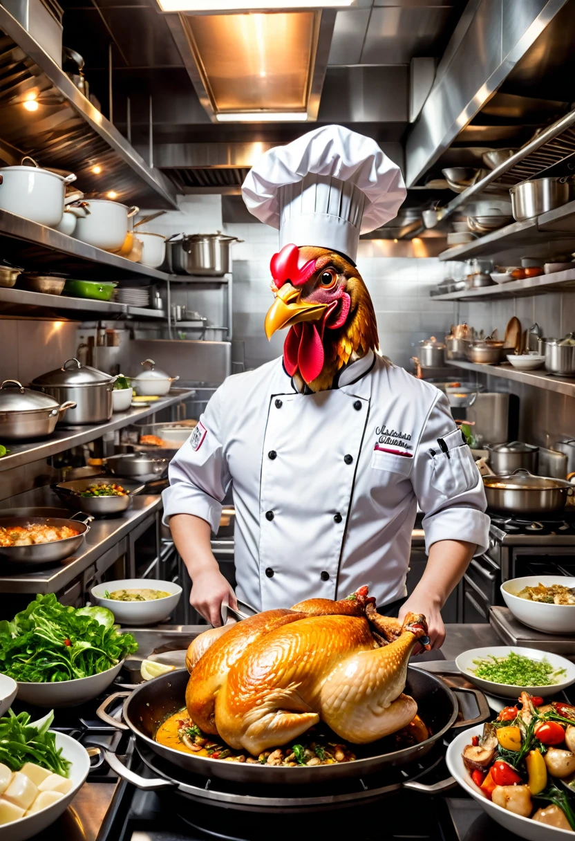 A chef with a chicken's head cooking in a professional kitchen, surrounded by delicious-looking dishes, with the bustling kitchen environment in the background.