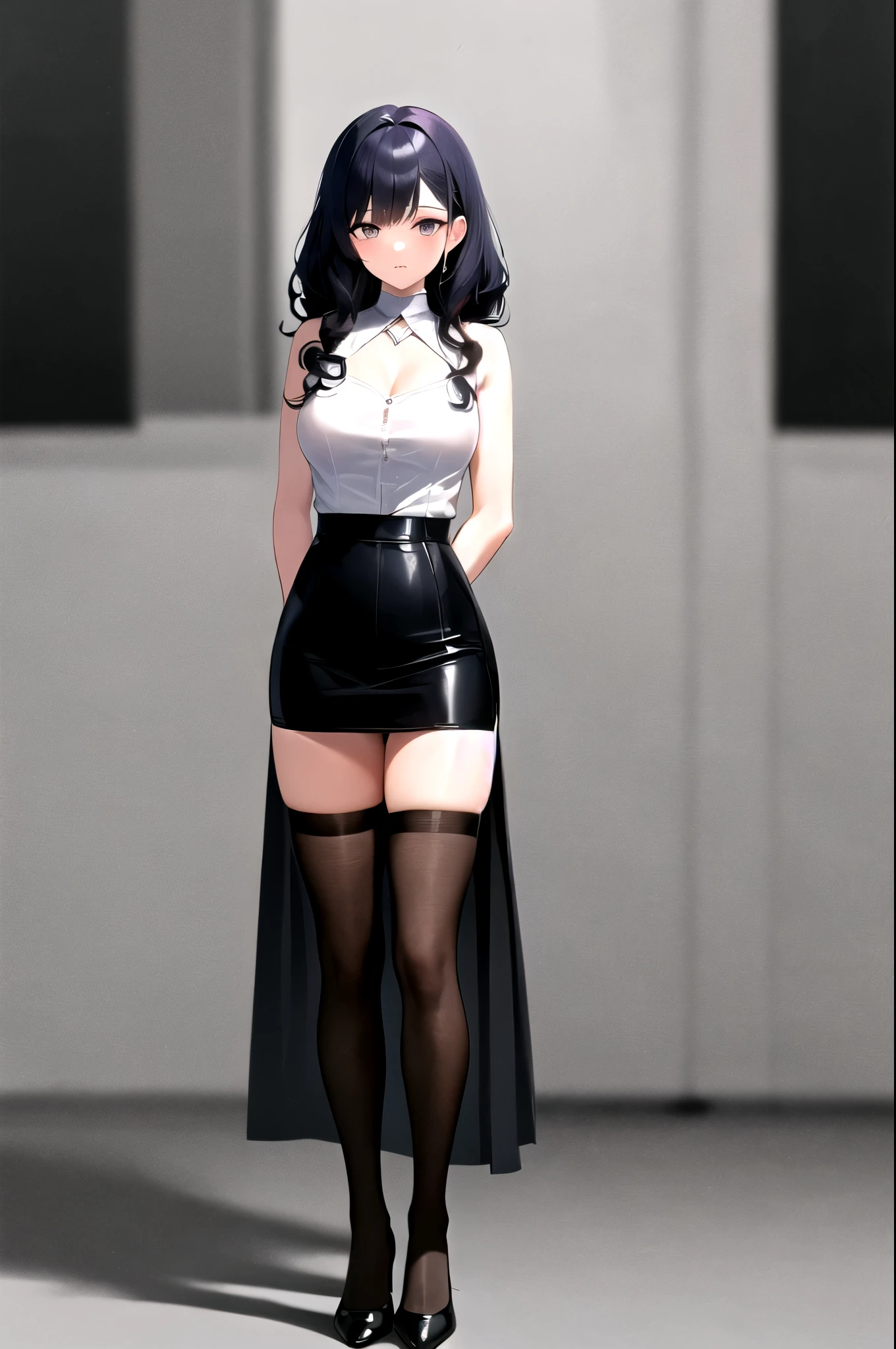 ((masterpiece, high quality, best quality, 8k, wallpaper, fine lineart, highly detailed, absurdres)), 1girl, korean popstar, thighhighs, miniskirt, high heels, mesh top, long black hair, pretty hands, cameltoe, curly hair,