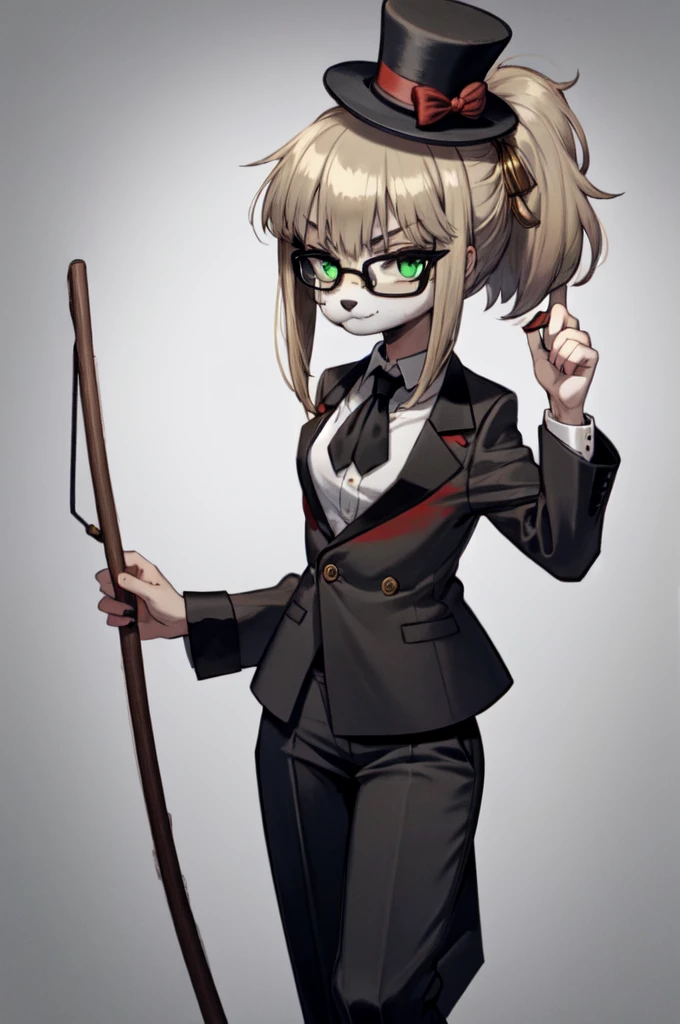 Solo female,Furry,Cat,Dark gray hair,dark gray long hair,dark gray hair underneath in a ponytail,blonde bangs,dark blond and green eyes,19.century fashion, a black top hat with glasses on it, a dark red jacket with red stripes, a white shirt, a black tie, light brown trousers, a walking stick