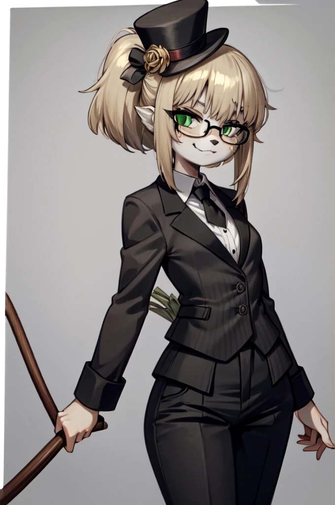 Solo female,Furry,Cat,Dark gray hair,dark gray long hair,dark gray hair underneath in a ponytail,blonde bangs,dark blond and green eyes,19.century fashion, a black top hat with glasses on it, a dark red jacket with red stripes, a white shirt, a black tie, light brown trousers, a walking stick