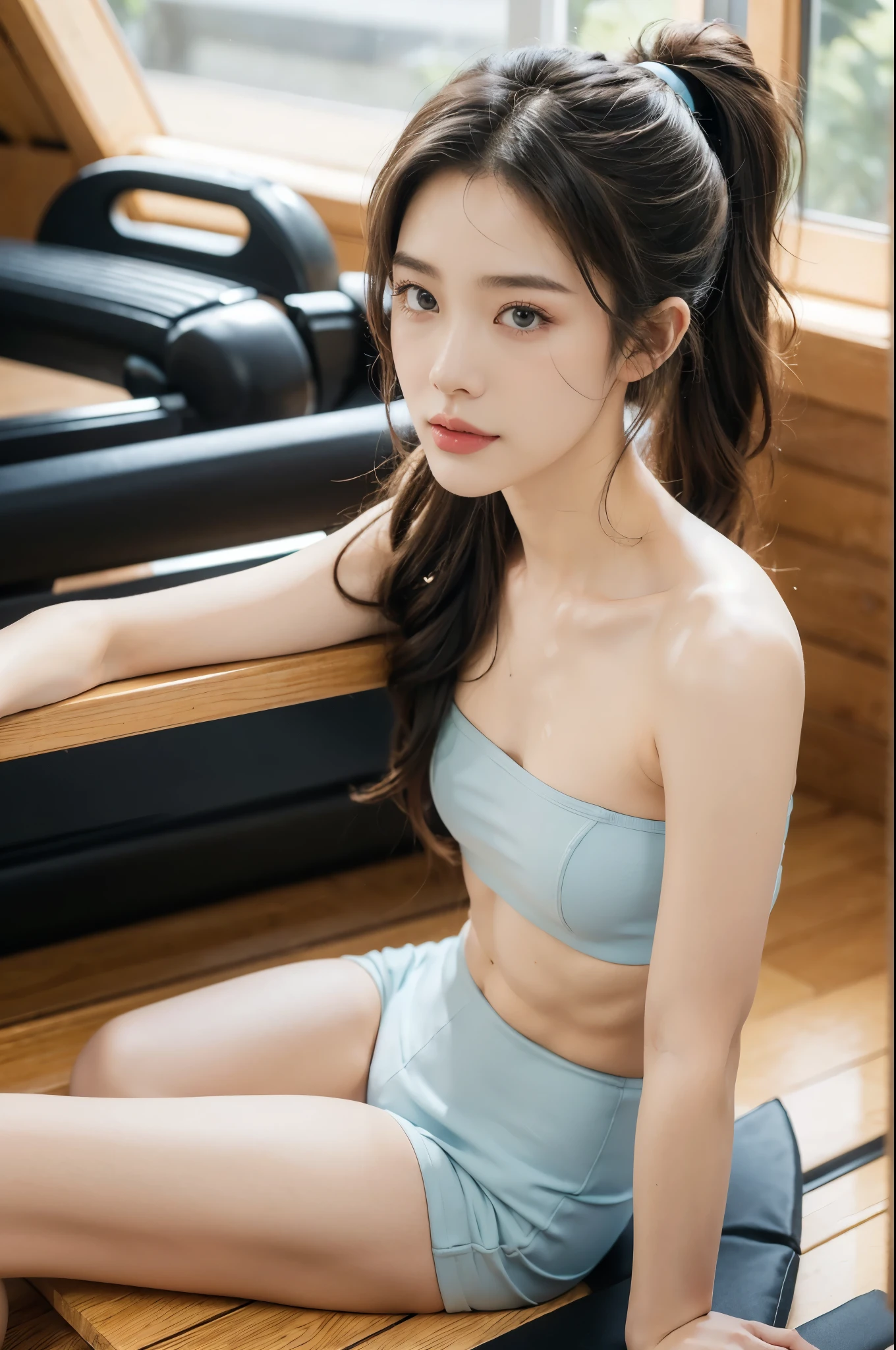 (((best quality))),(((ultra detailed))),(((masterpiece))),illustration,(1 beautiful girl,solo),((slim,thin)),((small breasts,flat chest)),(blush:1.5),summer afternoon,living room,sanctuary of tranquility,fitness,grace,(short ponytail:1.2),effortless elegance,((strapless light blue bra)),youthful radiance,enchanting,inspiring,(sitting on treadmill:1.3),body drenched in perspiration,(sweat:1.5),dedication,inner strength,determination,composed,focused,eyes,lush potted plant,greenery,life,vitality,soft sunlight,warm patches of light,wooden floor,fragrant cookies,cozy ambiance,attire,functional,fashionable,comfort,flexibility,curves,lightweight material,unrestricted movement,grip,treadmill's belt,propel,forward,serene expression,slight smile,lips,focused on horizon,visualizing goals,dreams,radiant beauty, comfortable clothing,determined spirit,captivating,inspiring image,essence of summertime fitness,self-care,((from front,close-up of face))