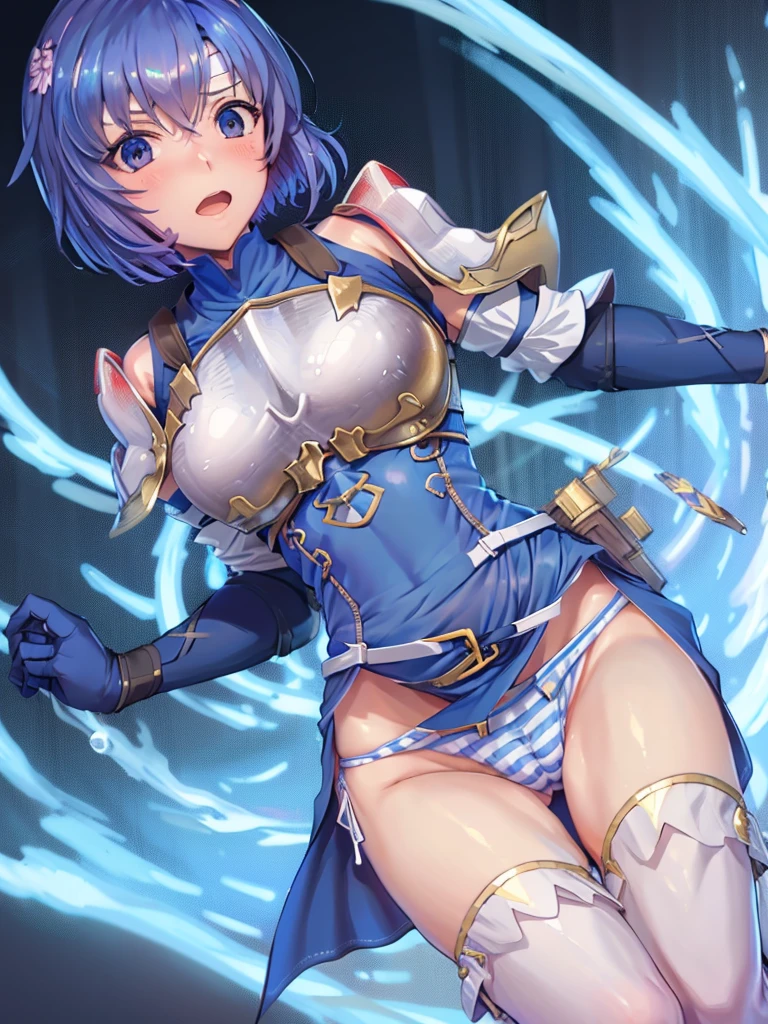 (White background,1girl:1.2),BREAK,Blue Hair, short hair, blue eyes, cute, Narrow waist, Toned Up, Large Breasts, Bare shoulders, Red neckerchief, Blue elbow gloves, Blue fingerless gloves, Pauldrons, belt, breastplate, White headband, Short dress, Dress slit, Blue tight boots, Blue long boots, Pegasus Knight Uniform (Fire emblem), blush,Open your mouth,(Blue and white striped panties:1.3)