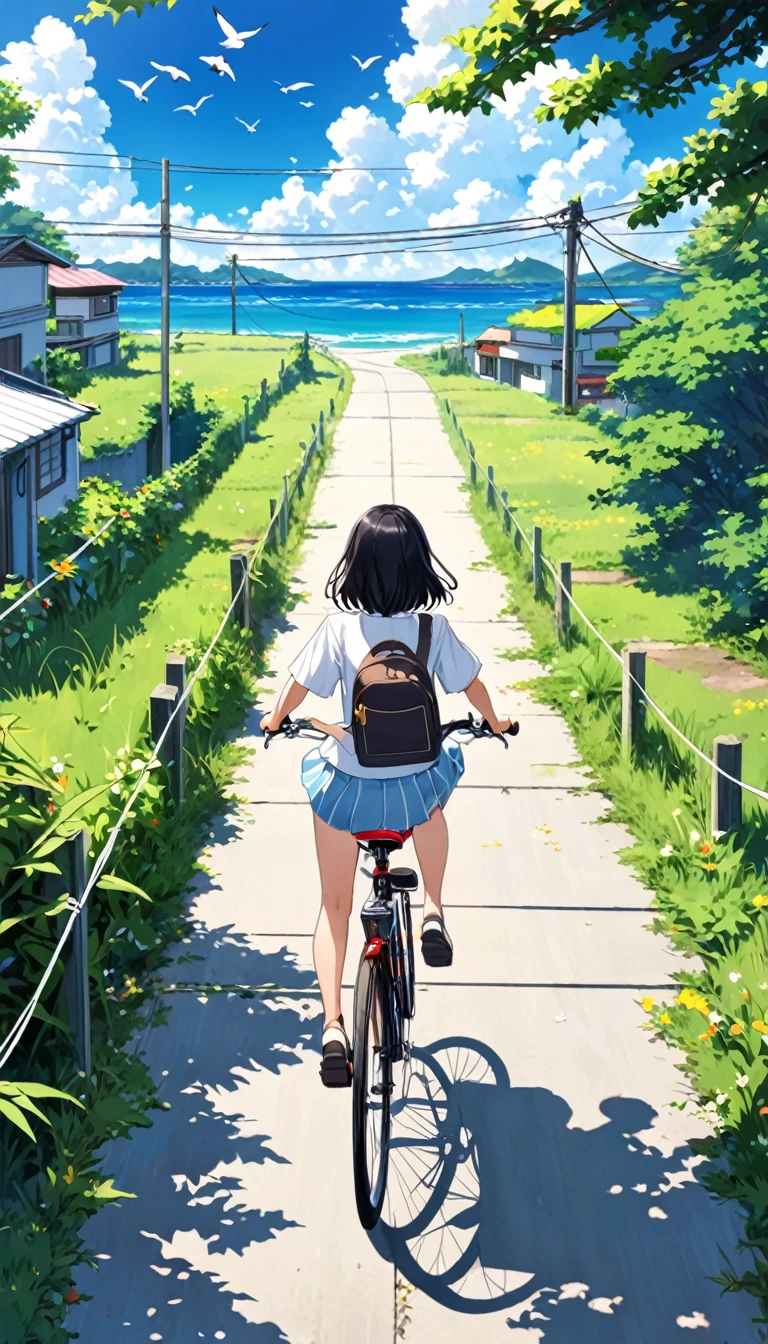 Highest quality、detailed、For more information、beautifully、Anime Scenery、summer、countryside、Long concrete road、A little overgrown grass、electric wire、electric wire、重なったelectric wire、sunny、sunny、summer、Large entrance clouds、You can see the sea in the background、beautiful海、Birds are flying、A girl is riding a bicycle alone、The girl has black hair_short hair、Aloha short sleeve、Back view、can'I can't see your face、speed、Emotional、Attractive landscape painting、bright、Shadow、beautiful