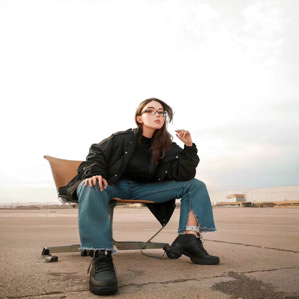 a girl sitting on a chair, black jacket, jeans, glasses