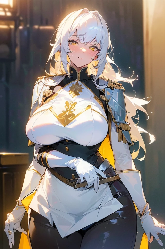 {masterpiece, distinct_image, extremely detailed CG, (extremely detailed fine touch:1.2),beautiful eyes and detailed face, (white_light, light rays, dappled light, ray tracing:1.2), photo realistic, 4k, 8k, high_resolution, (perfect_finger:1.5), (beautiful_detailed_eyes:1.3), glitter, white_light, (glow_white_face, front_light:1.3),{1girl, face_focus, looking for_in_viewer, cowboy_shot, standing},{adult,curvy, (huge_breasts, wide_hip:1.3),thigh_gap, groin, narrow waist, skinny stomach,(knight uniform for women, white gloves:1.7),(white hair, long hair, yellow eyes, bangs:1.3)}