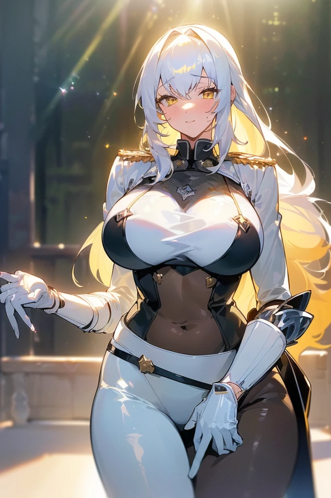 {masterpiece, distinct_image, extremely detailed CG, (extremely detailed fine touch:1.2),beautiful eyes and detailed face, (white_light, light rays, dappled light, ray tracing:1.2), photo realistic, 4k, 8k, high_resolution, (perfect_finger:1.5), (beautiful_detailed_eyes:1.3), glitter, white_light, (glow_white_face, front_light:1.3),{1girl, face_focus, looking for_in_viewer, cowboy_shot, standing},{adult,curvy, (huge_breasts, wide_hip:1.3),thigh_gap, groin, narrow waist, skinny stomach,(knight uniform for women, white gloves:1.7),(white hair, long hair, yellow eyes, bangs:1.3)}