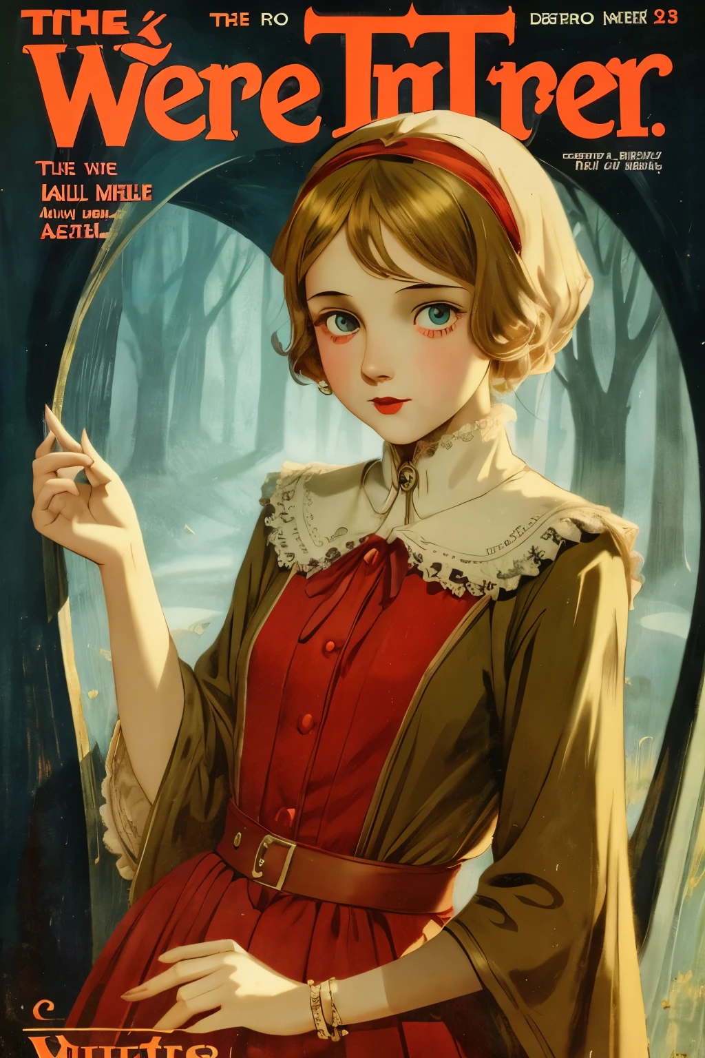 cover mistery magazine weird tale full lenght girl, cute face full lenght , 3 girl pose for cover horror magazine weird tale , magazine age 1933, high quality, 16 year old girl