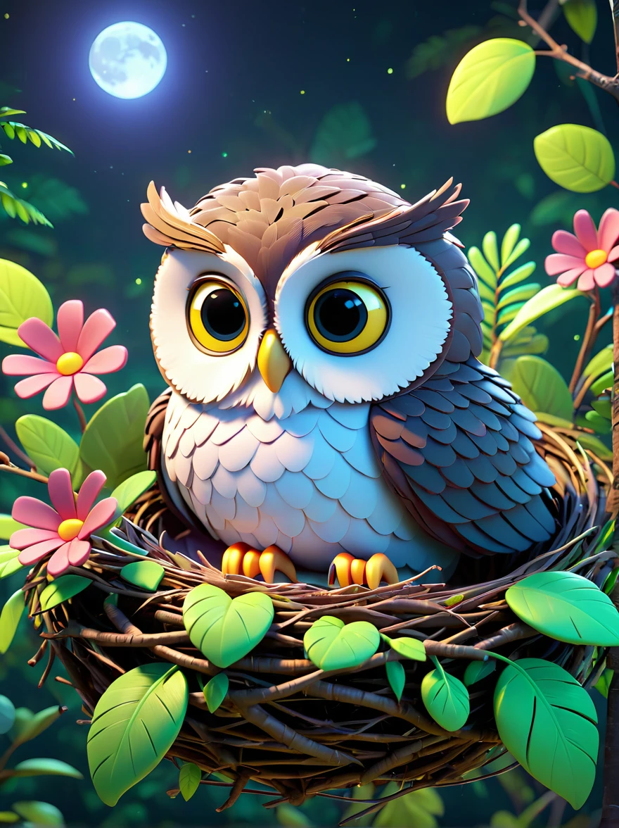 Pixar Animation Style, Dark Jungle，night，moon，Cute owl，((A sophisticated and beautiful nest:1.5))，branch，Green leaves，Colorful flowers and diverse plants, Made from marshmallow material, C4D, 8k, HD quality 