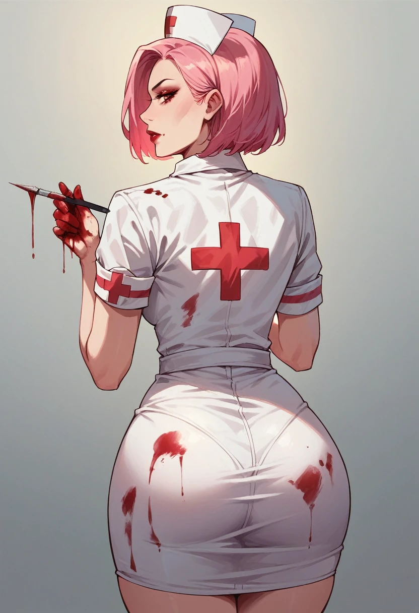 1girl, solo, makeup, red lipstick, pink hair, red eyes, bob haircut, pink nurse suit, blood on clothes, back view, ass