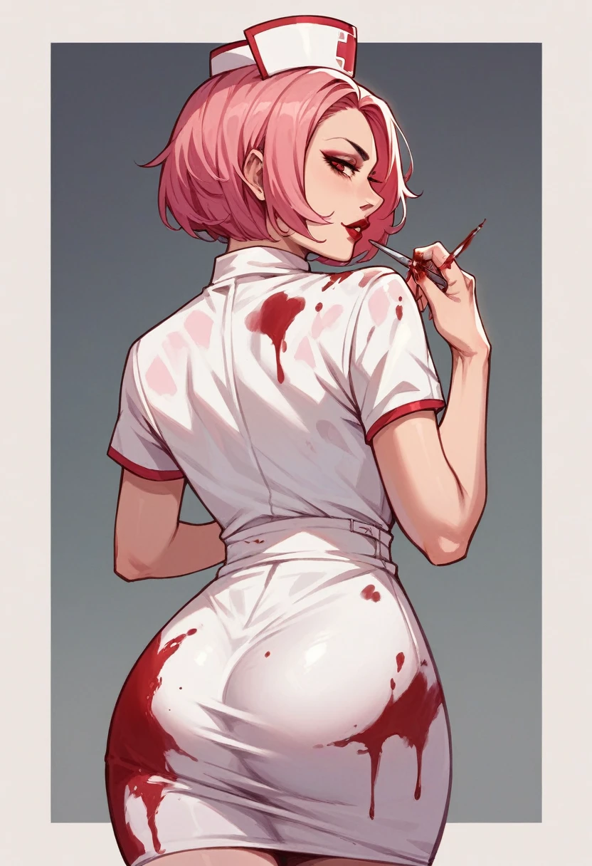 1girl, solo, makeup, red lipstick, pink hair, red eyes, bob haircut, pink nurse suit, blood on clothes, back view, ass, black panties, bent over