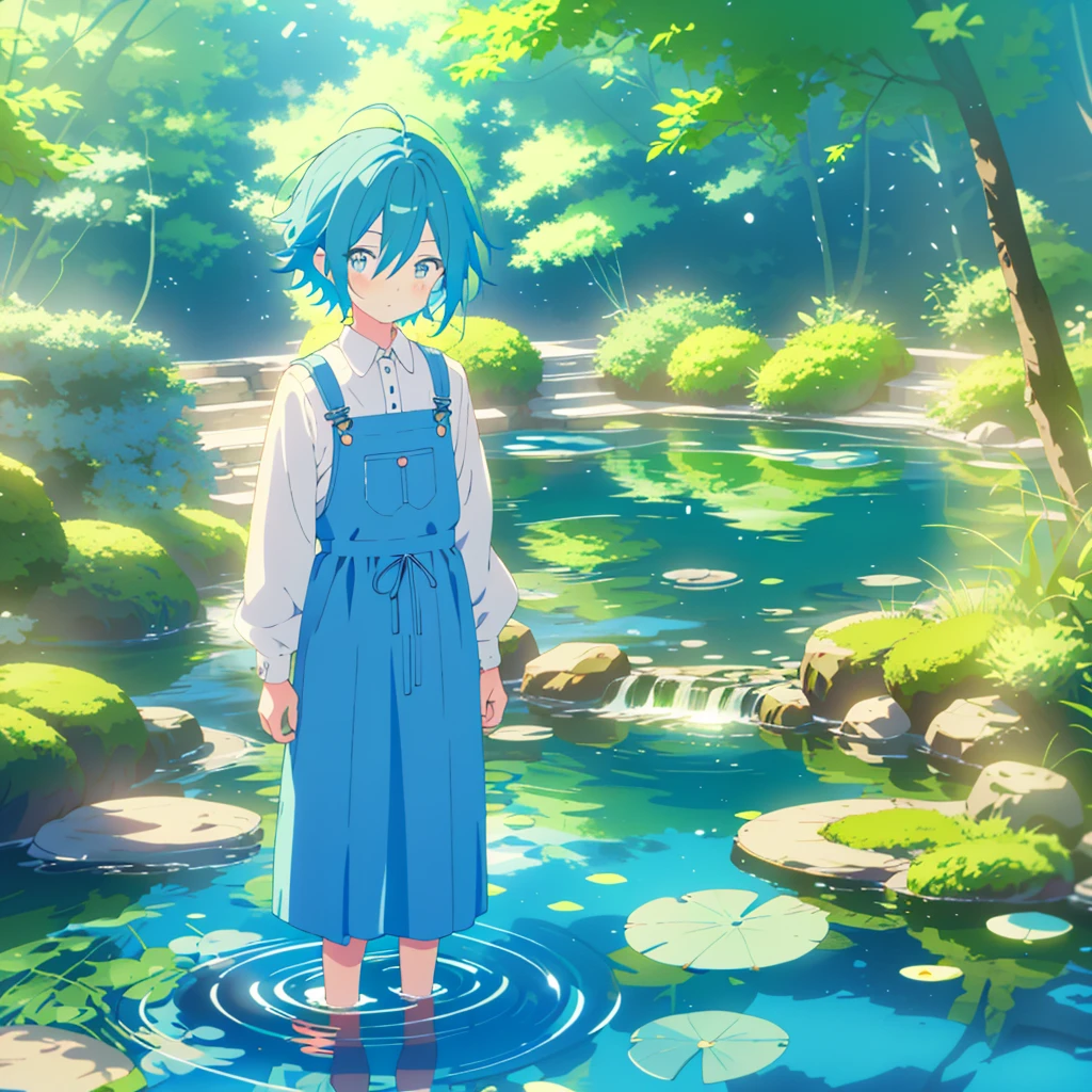 Anime boy in a dress standing in a stream of water, Splash art anime , , Cute Anime boy, Cute Anime, A cute boyのアニメビジュアル, Soft anime illustration, Cute and detailed digital art, At the pond, Cute art style, Pixiv, Beautiful anime boys, Overalls, Little Boy, A cute boy