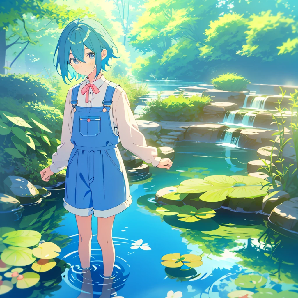 Anime boy in a dress standing in a stream of water, Splash art anime , , Cute Anime boy, Cute Anime, A cute boyのアニメビジュアル, Soft anime illustration, Cute and detailed digital art, At the pond, Cute art style, Pixiv, Beautiful anime boys, Overalls, Little Boy, A cute boy