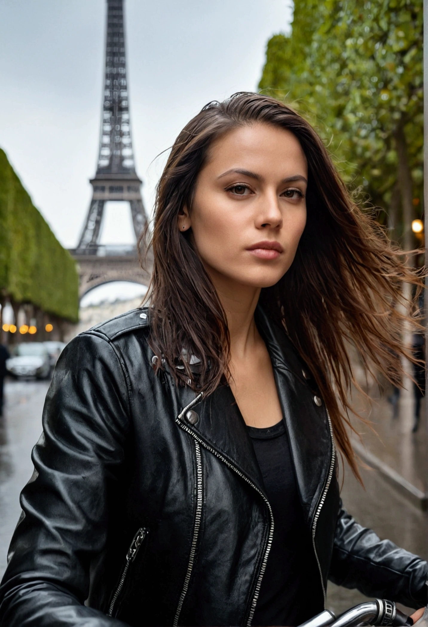 A beautiful and cool woman with a hint of sexiness, with long hair, of  European descent, is a biker in a black leather jacket. She is in Paris, where it’s lightly raining, creating a romantic atmosphere with warm lighting