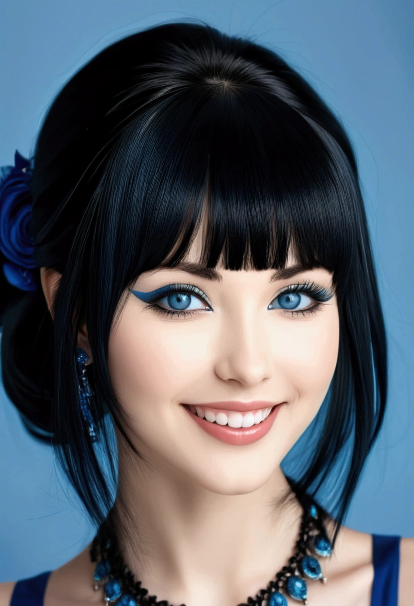 1girl, bellissima, black hair, blunt bangs, blue eyes, eyeliner, sexy smile