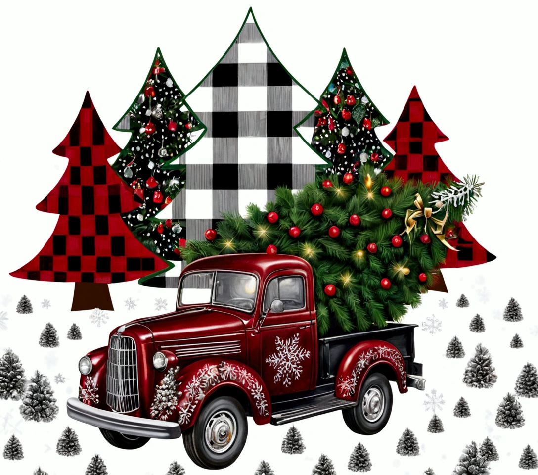 black and white checkered truck, christmas tree, checkered tree, winter, high resolution, seasonal, evergreen, graphic print, extremely detailed, photorealistic, intricate details, warm lighting, cozy atmosphere, festive, magical, beautiful, holiday, landscape
