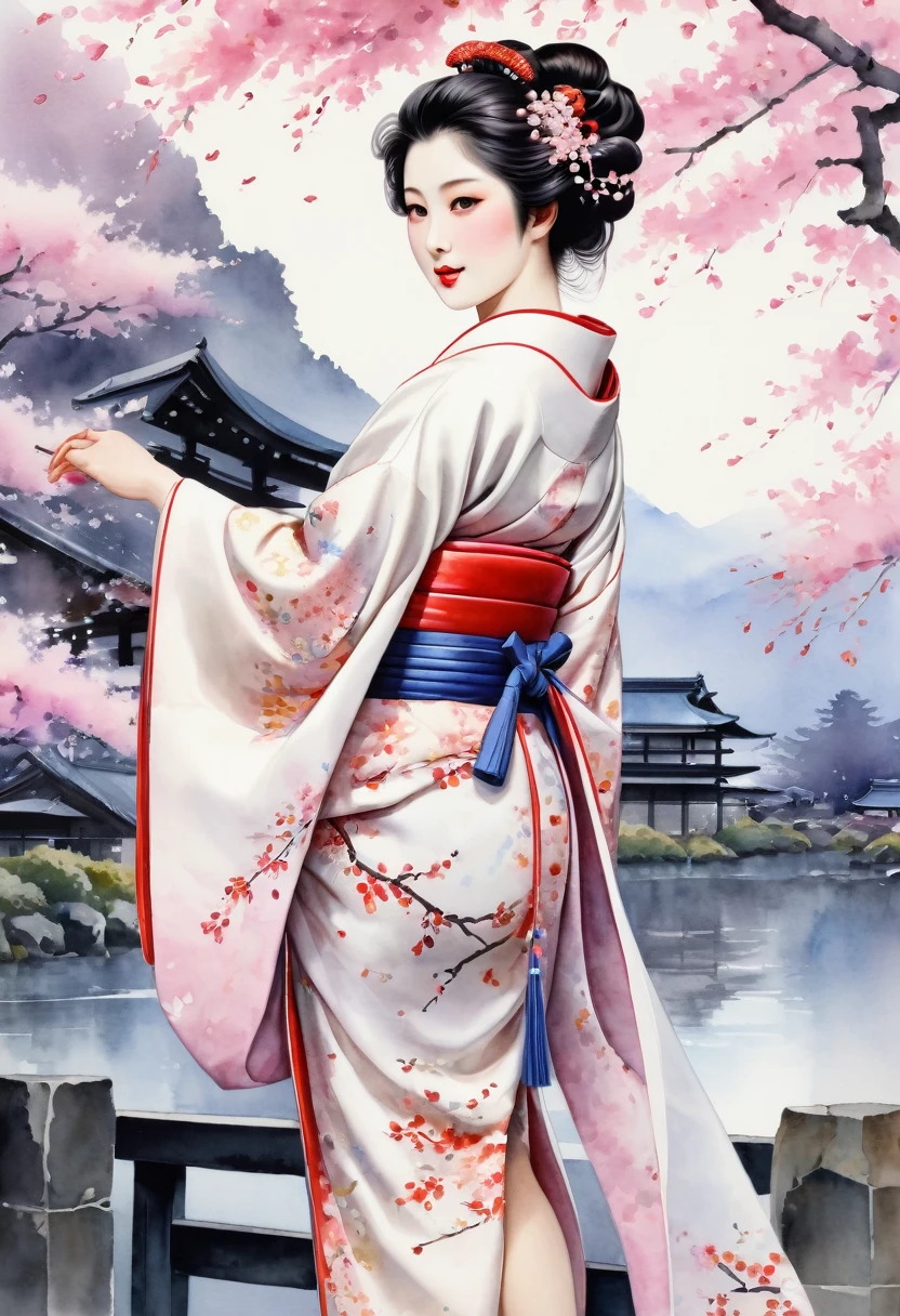 (Cherry blossom :1.5), (ink and watercolor painting:1.5), (Tasteful:1.5), (ink and watercolor painting:1.5), (full color:1.5), 8k, 4k, (landscapes:1.5),(cherry blossom trees:1.5),(wind:1.5),(flying cherry blossom petals:1.5),(kyoto:1.5),(pink theme:1.5),mount fuji in background, 1girl, A darK-haired, Smile, Eye-Level Shot, 8k, Super Detail, uhd, retina, masterpiece, Anatomically correct, Textured skin, kimono, silk fabric, japanese, Japanese clothes, (Wisteria floral pattern), Silk, Japan hair, Trailing hair, Japan beauties, BIG ASS, (wonderful proportions:1.8), (10 head body:1.8), Slim body, thin-waist, (Smart Standing), (Dignified atmosphere), Sense of cleanliness, (Full of elegance), Historical, heroine, refreshing, Edo style, Downtown Atmosphere, Edo-kko, Yoshiwara Geisha, Oiran, oiran, Countries, Juunihitoe, Premium kimono, amorous, Glossy appearance, (Long and beautiful legs:1.6), beautiful legs, (beautiful leg lines), (made in Japan:1.4), Genroku culture, beauty in return, sexy nape, watercolor painting style, half body, close up shot.