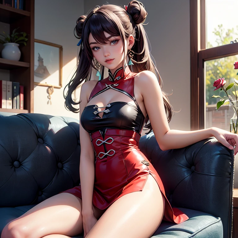 Beidou_(genshin impact), 1girl, white roses, ornament hair, red roses on her hair, pigtails, red short skirt, red dress, skirt with layers, frills, red laces, ta style, brown hair, long hair, seat on a red sofa, modernist home style, red loliress, red dress, more details on her clothes, golden details, night, smiling, solo, alone, jewelry, living room scenery, clean house style
