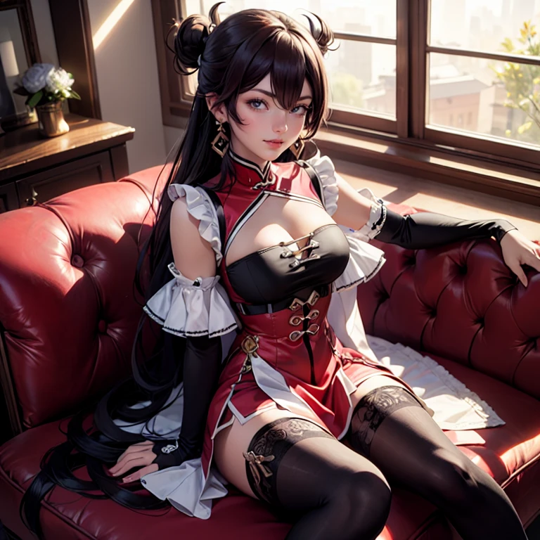 Beidou_(genshin impact), 1girl, white roses, ornament hair, red roses on her hair, pigtails, red short skirt, red dress, skirt with layers, frills, red laces, lolita style, brown hair, long hair, seat on a red sofa, modernist home style, red lolita dress, red dress, more details on her clothes, golden details, night, smiling, solo, alone, jewelry, living room scenery, clean house style