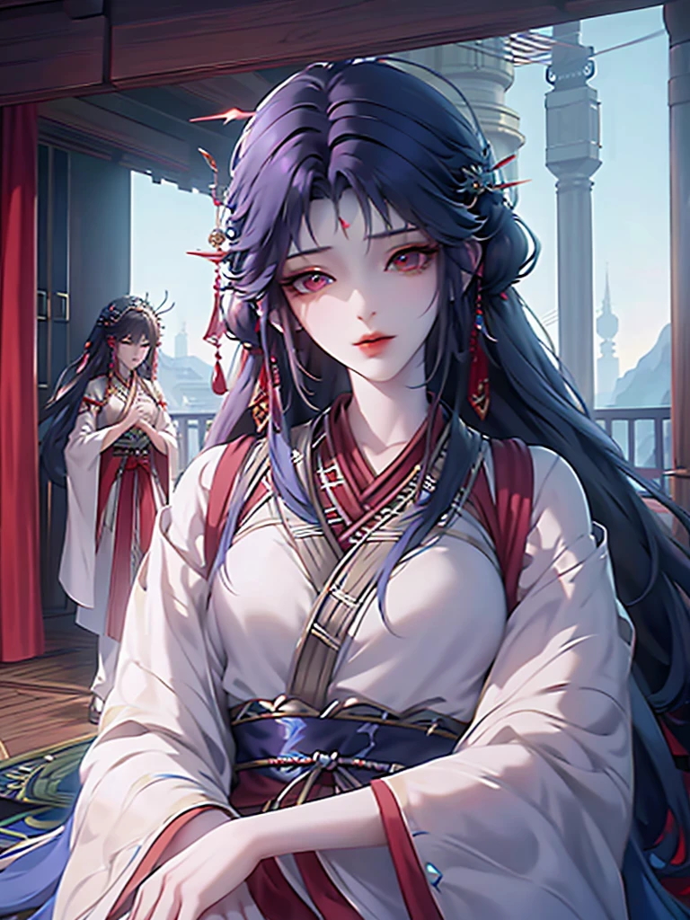 two women in costumes are standing in a room, as lady mechanika, static Prometheus frame, blue body paint, cyberpunk ornaments, Aztec Empress, cinematic details, guards, balcony scene, solarpunk, by Leon Wyczółkowski, sisters, Japanese cgi, Kazakh empress, character close-up