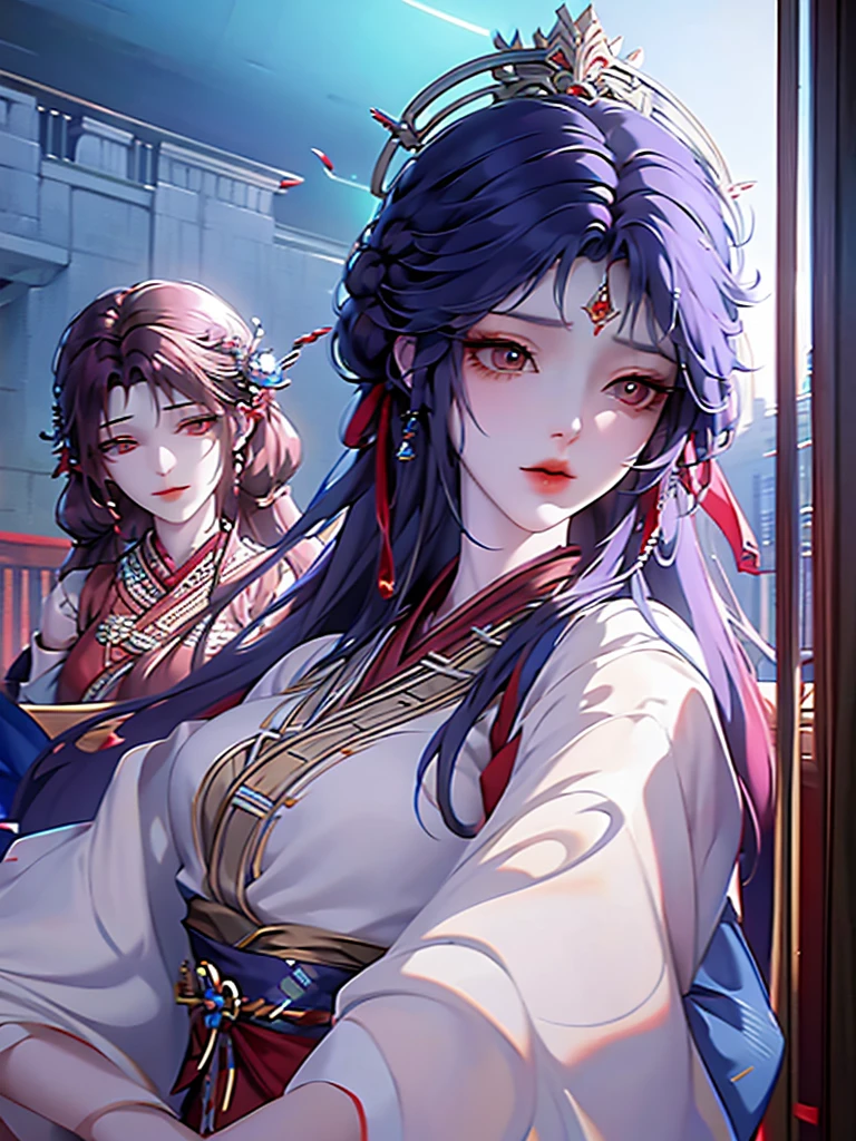 two women in costumes are standing in a room, as lady mechanika, static Prometheus frame, blue body paint, cyberpunk ornaments, Aztec Empress, cinematic details, guards, balcony scene, solarpunk, by Leon Wyczółkowski, sisters, Japanese cgi, Kazakh empress, character close-up