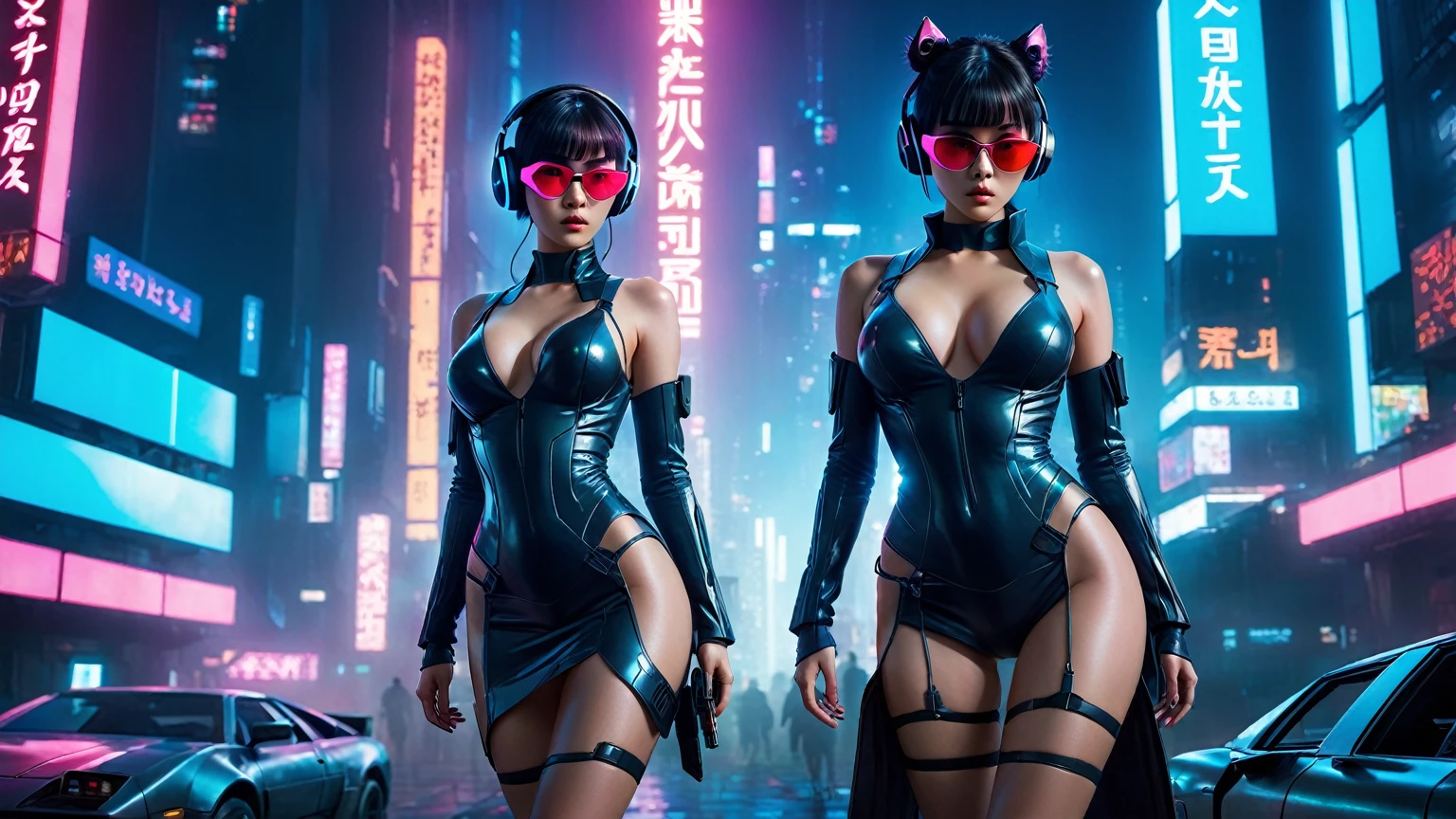 aerial view, dark night, A vast cyberpunk landscape set in Korea with ((flying cars)) and neon lights, in shades of pink, blue and red, in the style of Blade Runner and Ghost In The Shell. (((((1girl, solo, alone))))), large-breast:1.2 slim body, cleavage:1.1, sexy miniskirt, ((((headphone, black sunglasses, standing and holding pistol pose)))), (((half-body thigh level medium shot))), cinematic lighting, lens flare, ray tracing.