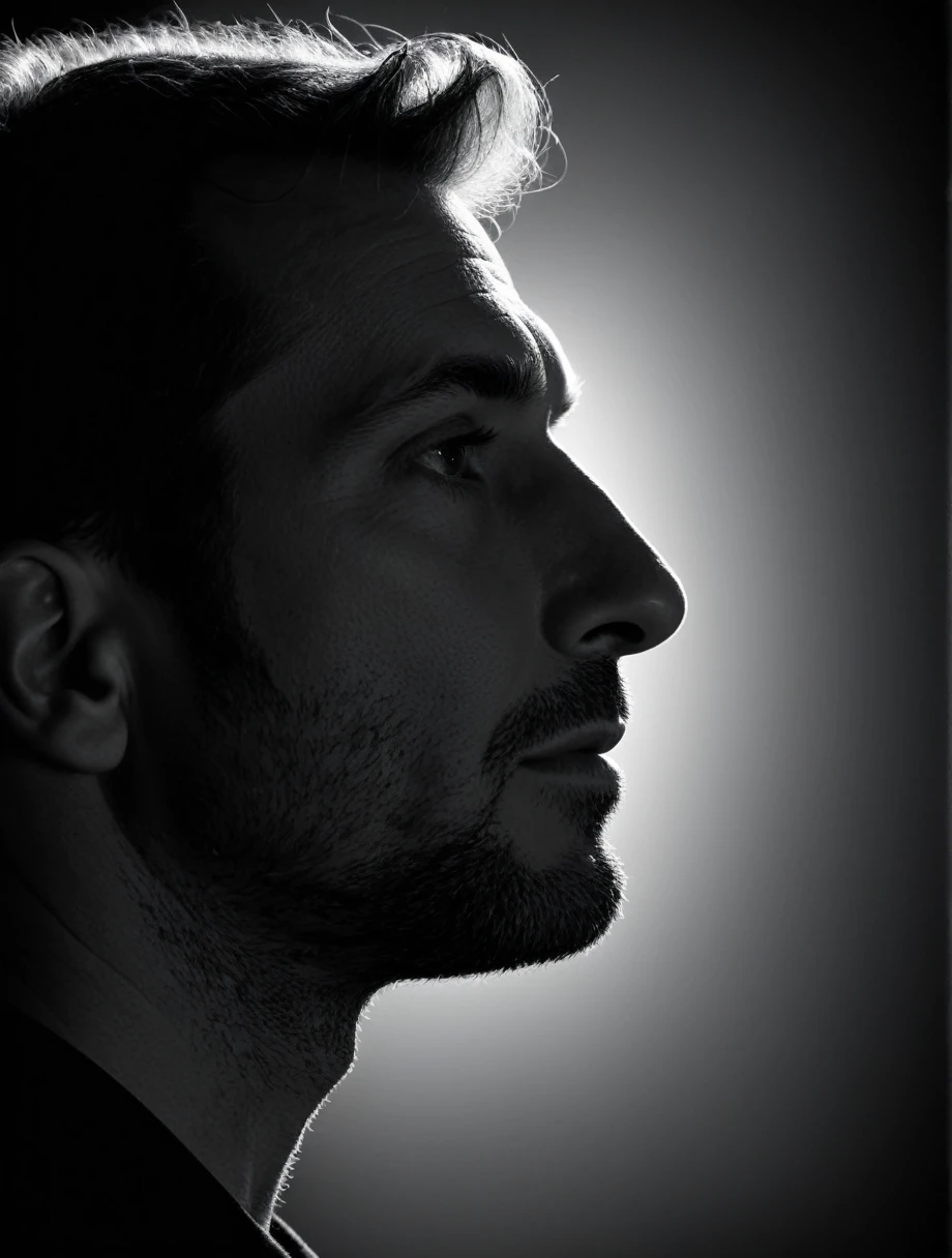 (black and white art photography:1.4), close up professional photograph, Man thinking silhouette